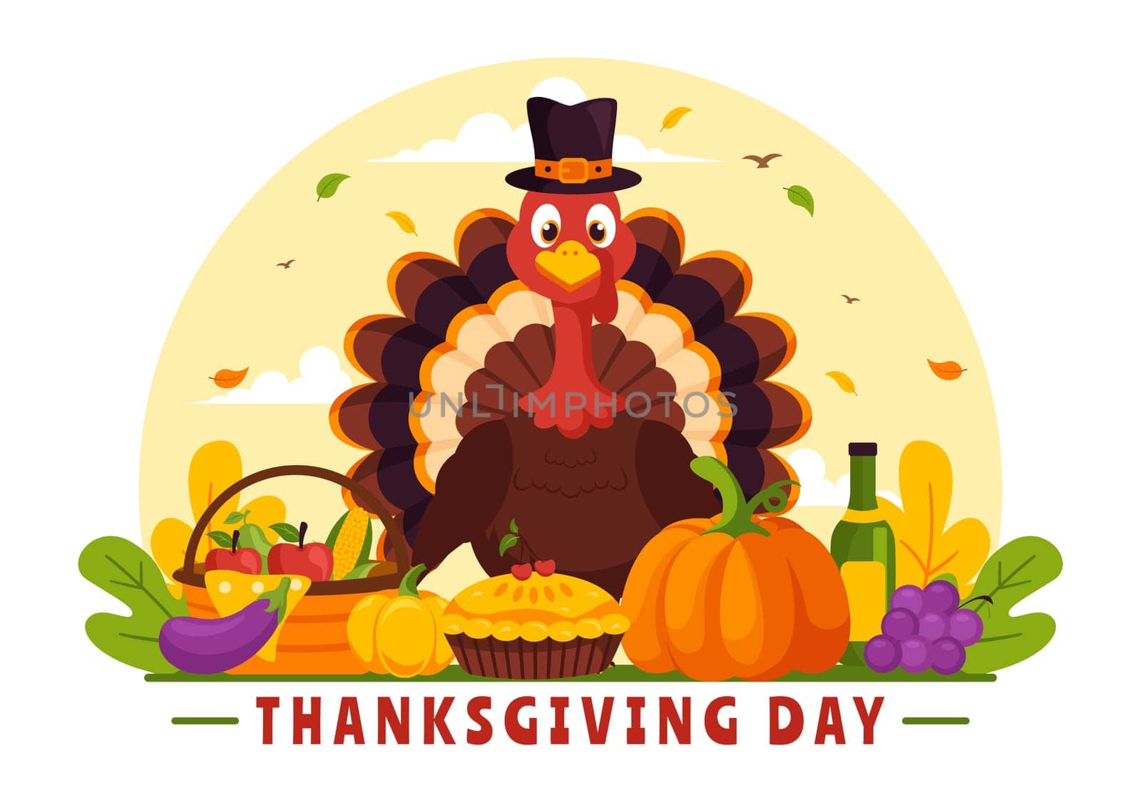 Happy Thanksgiving Day Vector Illustration with Turkey, Pumpkins, Leaves, and Various Other Elements in a Flat Style Cartoon Background