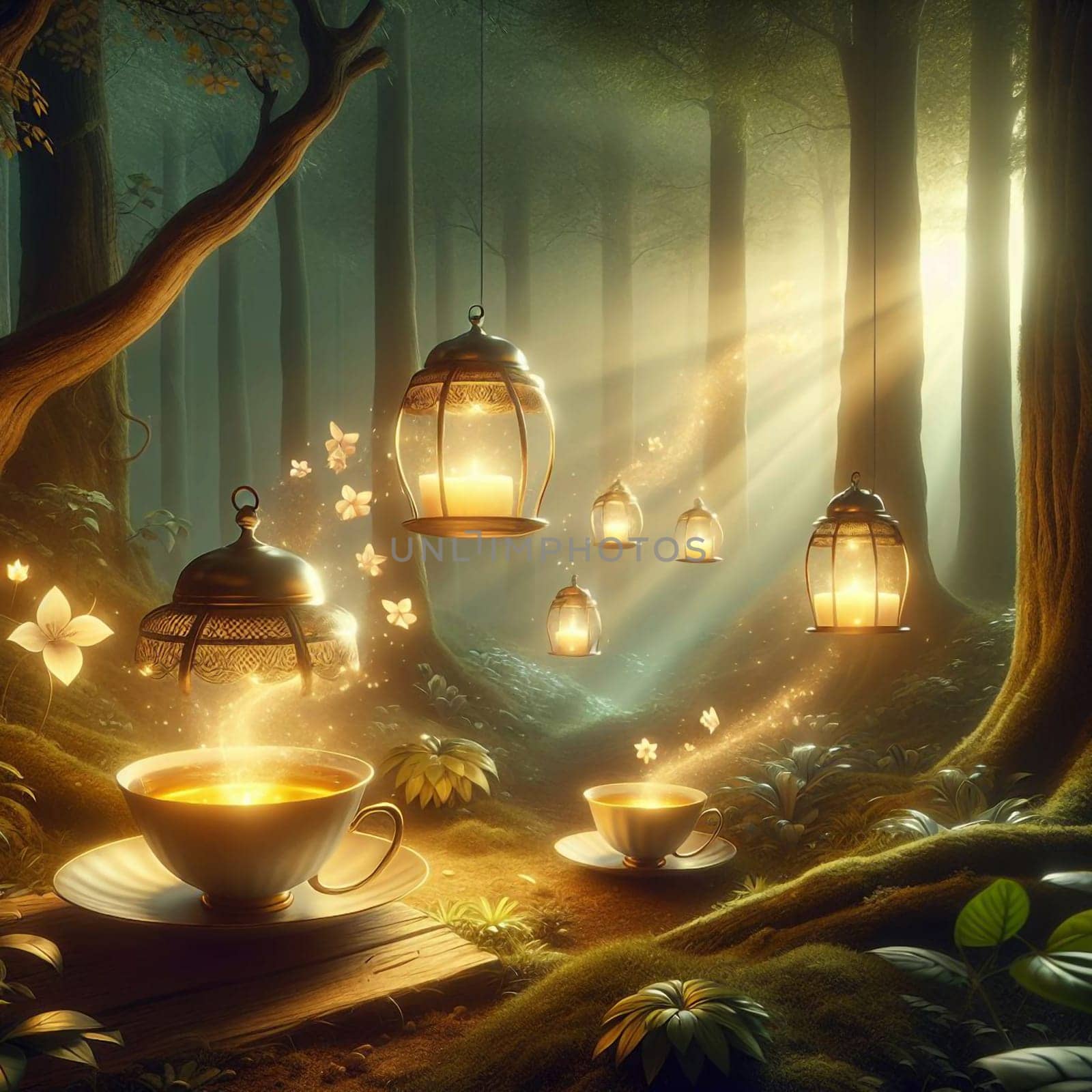 A magical forest with glowing lanterns hanging from trees, a stream flowing through the forest, and two cups of tea on a wooden table. High quality photo