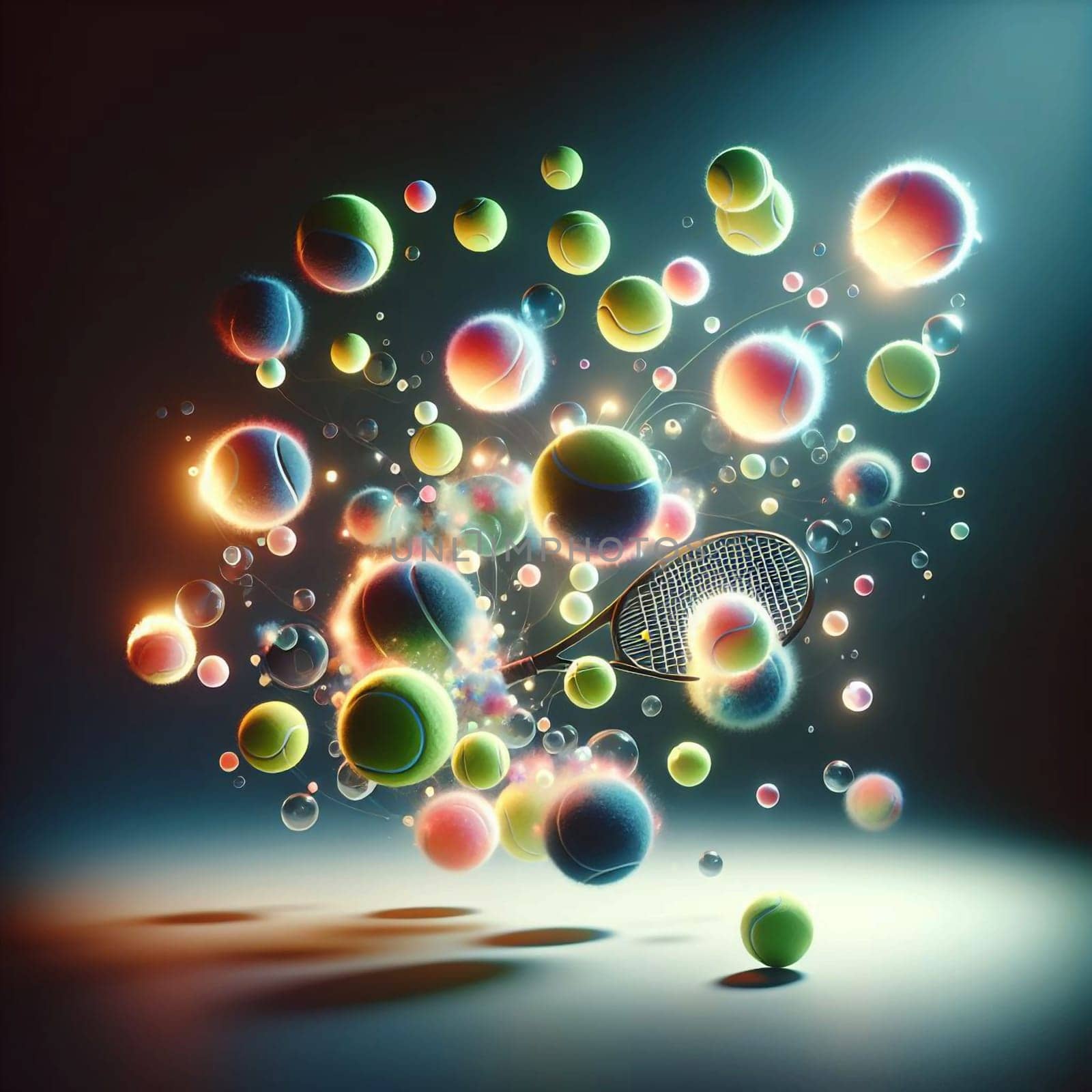 A tennis racket is surrounded by flying tennis balls, with a burst of light and colorful bubbles. The image is dynamic and energetic. High quality photo