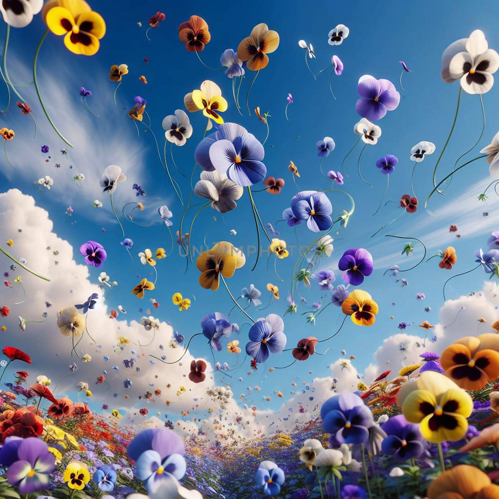 Colorful pansies are floating in the air, with a field of pansies below and a blue sky with clouds above. High quality photo