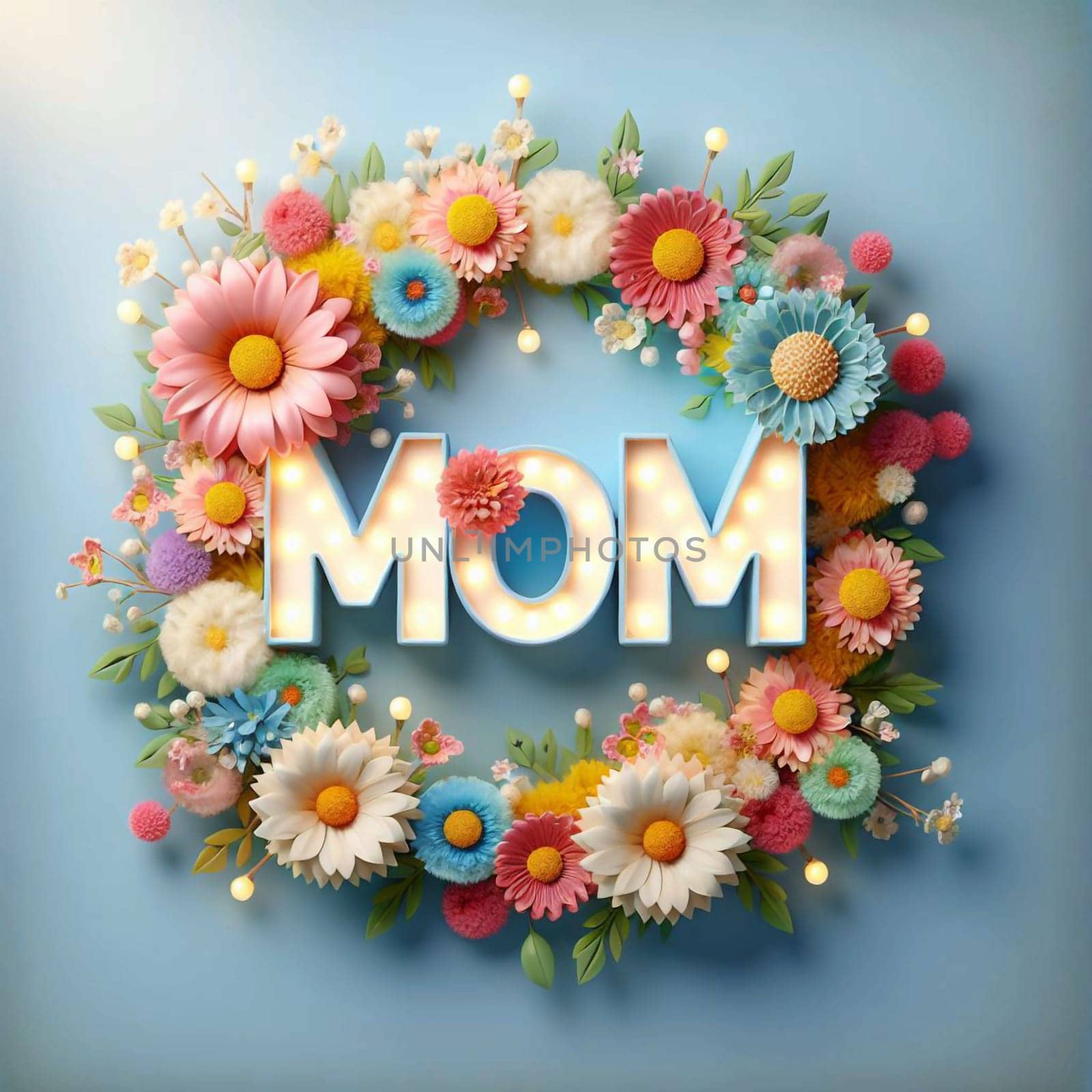 A floral wreath with a sign that says "MOM"" in illuminated letters. The wreath is made of colorful flowers and the scene is warm and inviting. High quality photo"