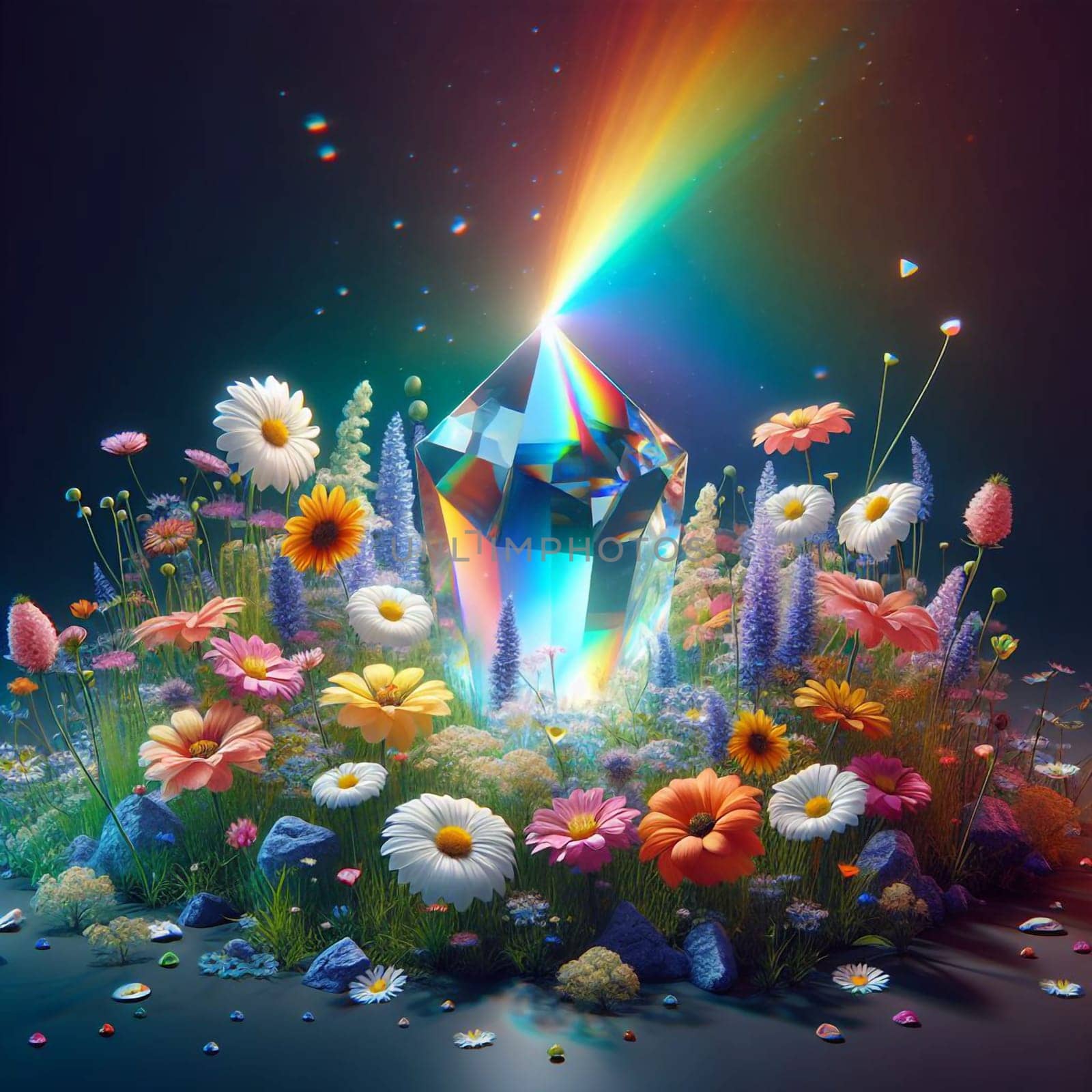 A large, faceted crystal is surrounded by a bed of colorful flowers. The crystal is emitting a rainbow beam of light. High quality photo