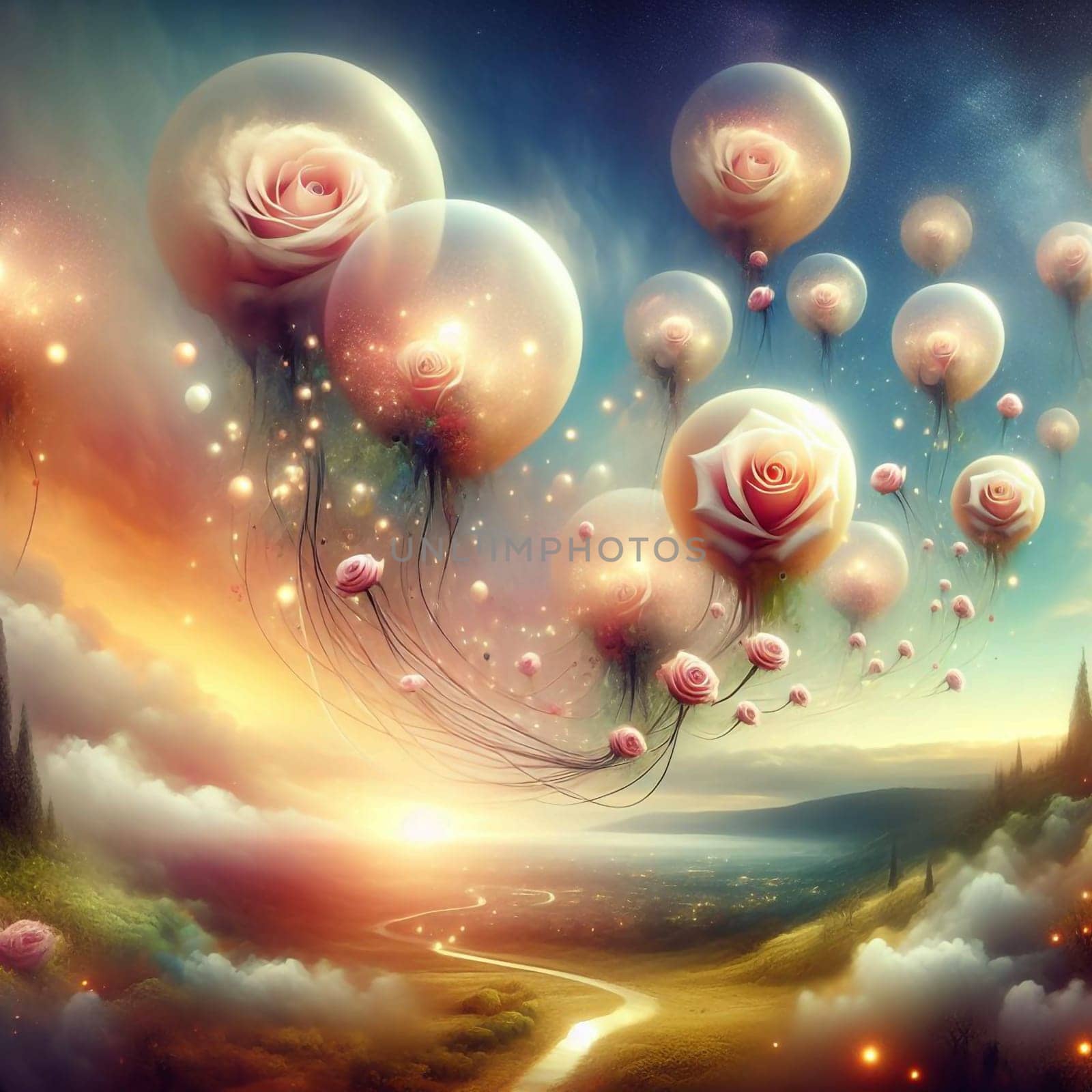 Pink roses are inside glowing orbs, floating above a landscape of clouds and a winding road at sunset. High quality photo