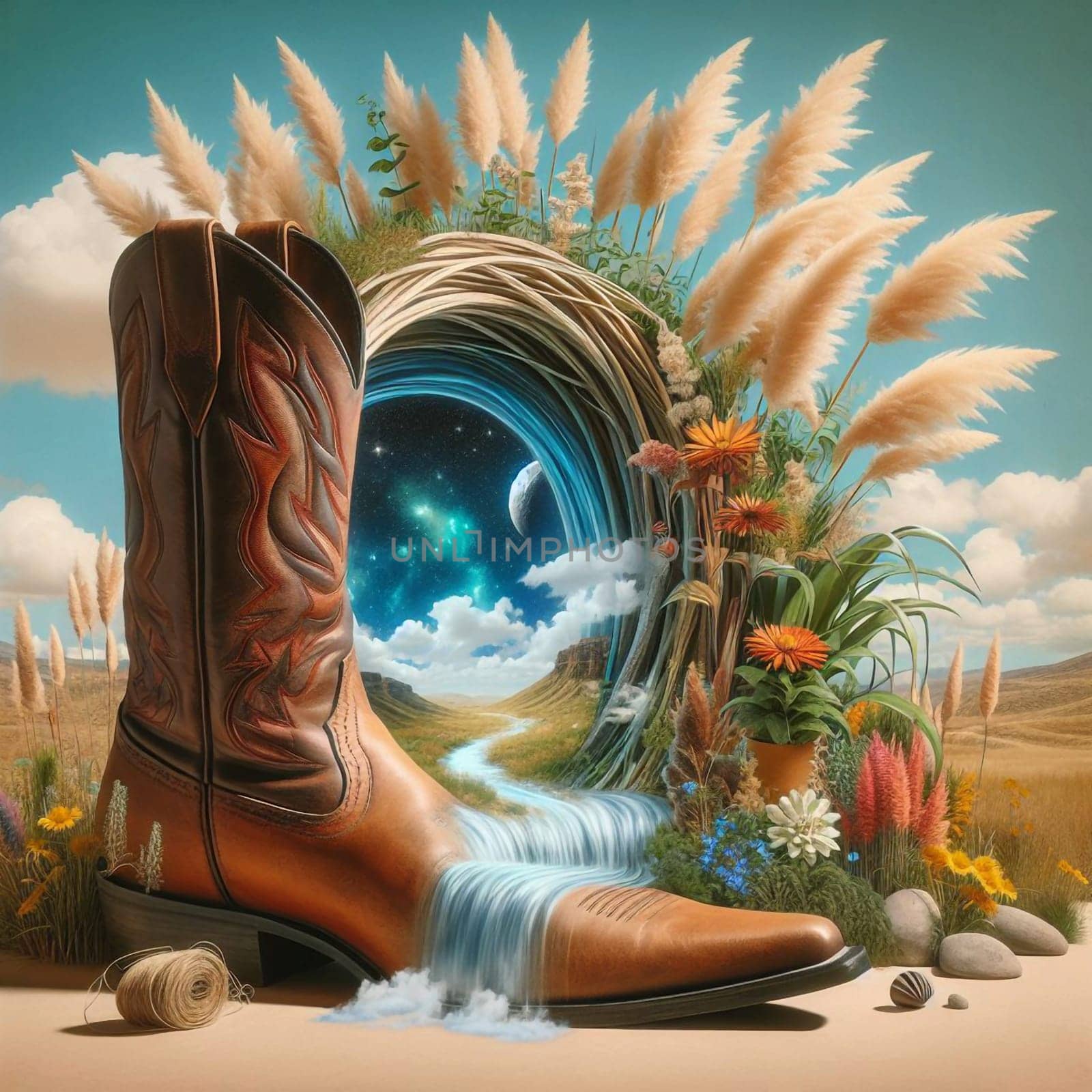 A cowboy boot with a waterfall flowing out of it, surrounded by plants and a portal to a starry sky. High quality photo