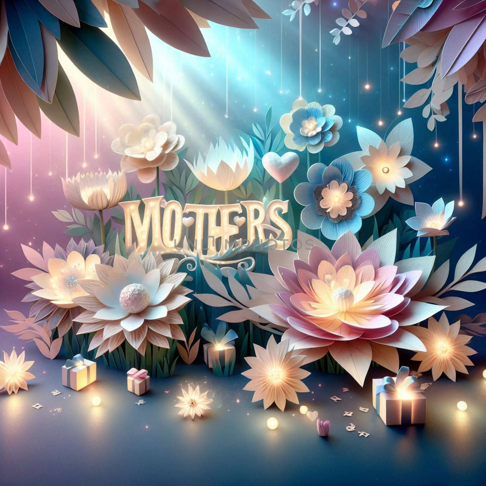 The word "MOTHERS"" in illuminated letters is surrounded by paper flowers and gifts. The image is perfect for Mother's Day. High quality photo"