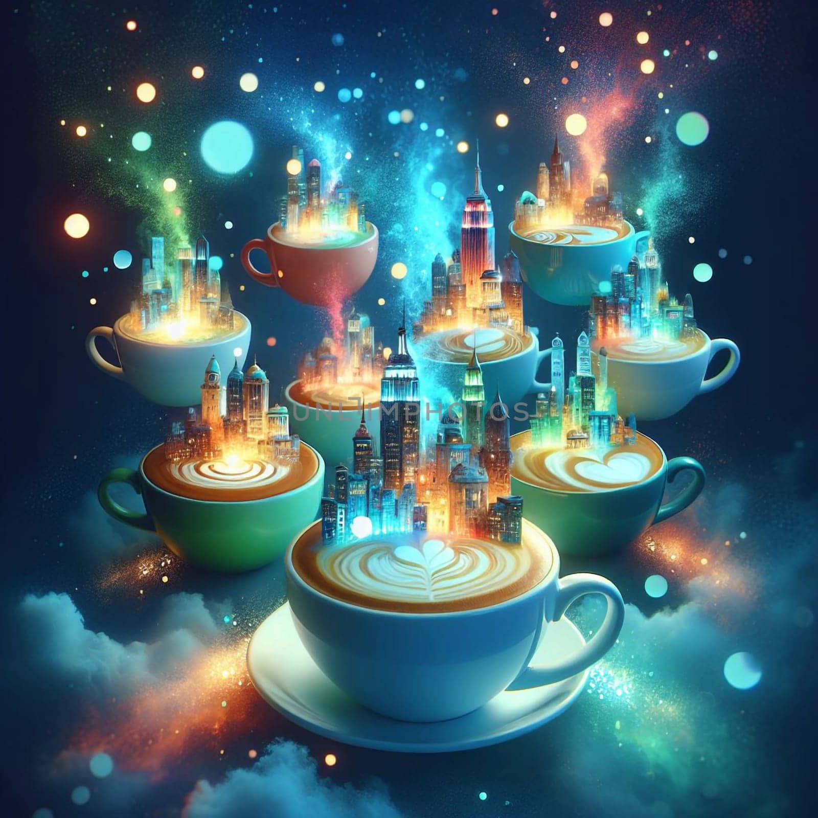 A collection of coffee cups filled with latte art, each depicting a different city skyline. The cups are floating in the air, with sparkling lights and a dreamy atmosphere. High quality photo