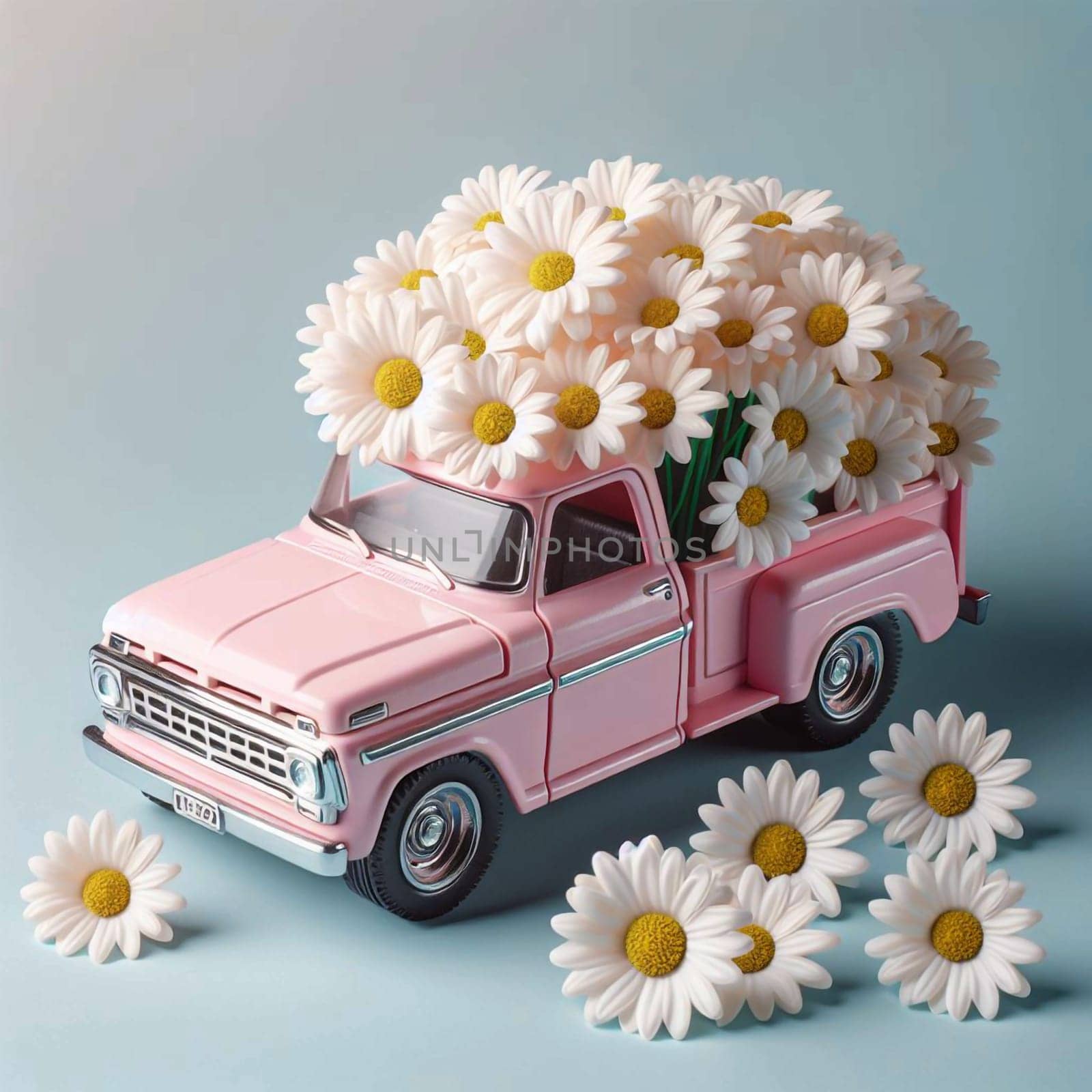 A pink pickup truck is filled with white daisies. The truck is sitting on a blue background with scattered daisies. The scene is charming and cheerful. High quality photo