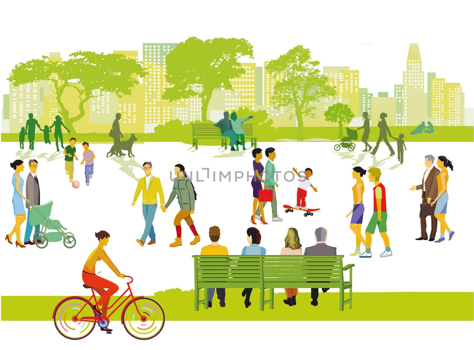 Groups of people in the park with families, parents and children, illustration