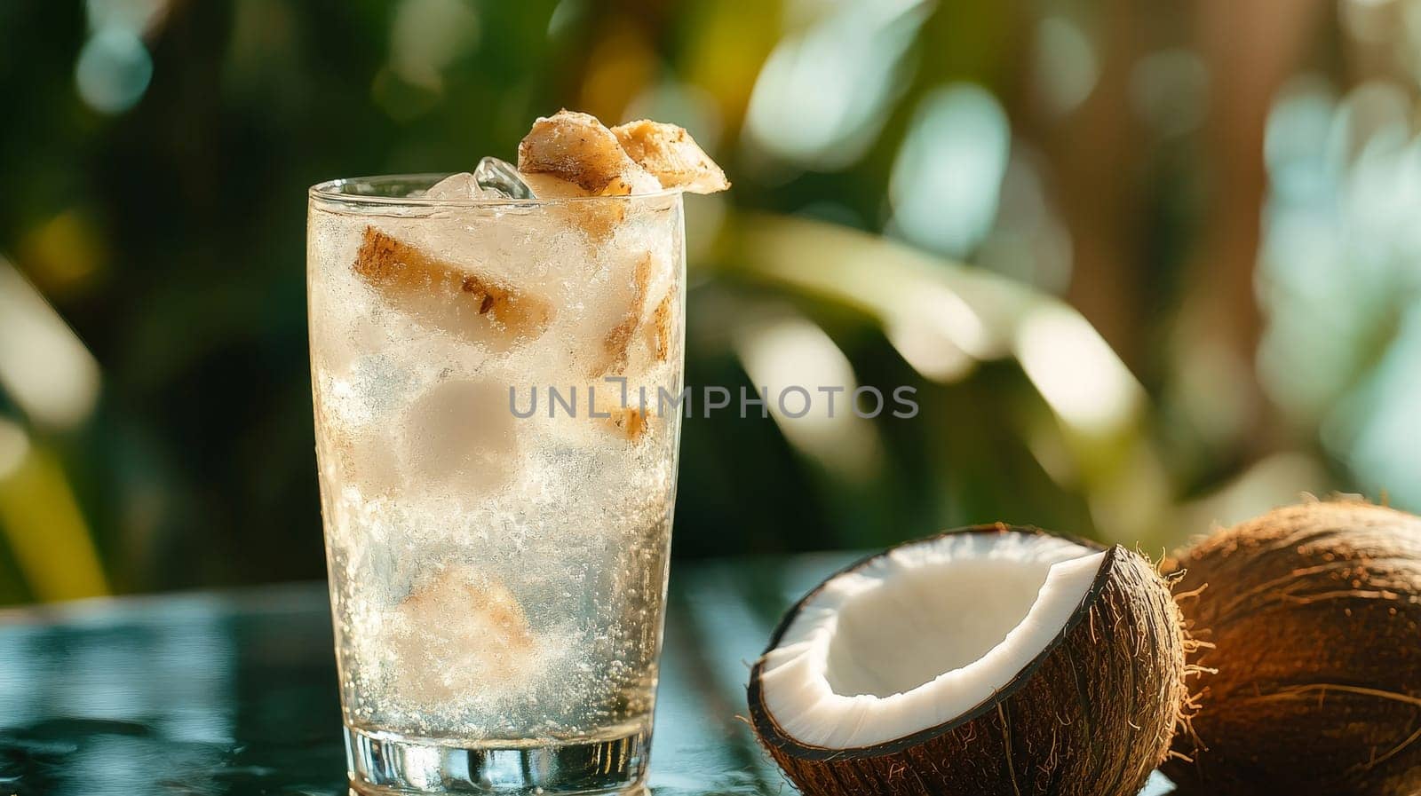 A refreshing glass of Panamanian Seco Herrerano with coconut, beautifully highlighted in a tropical setting.