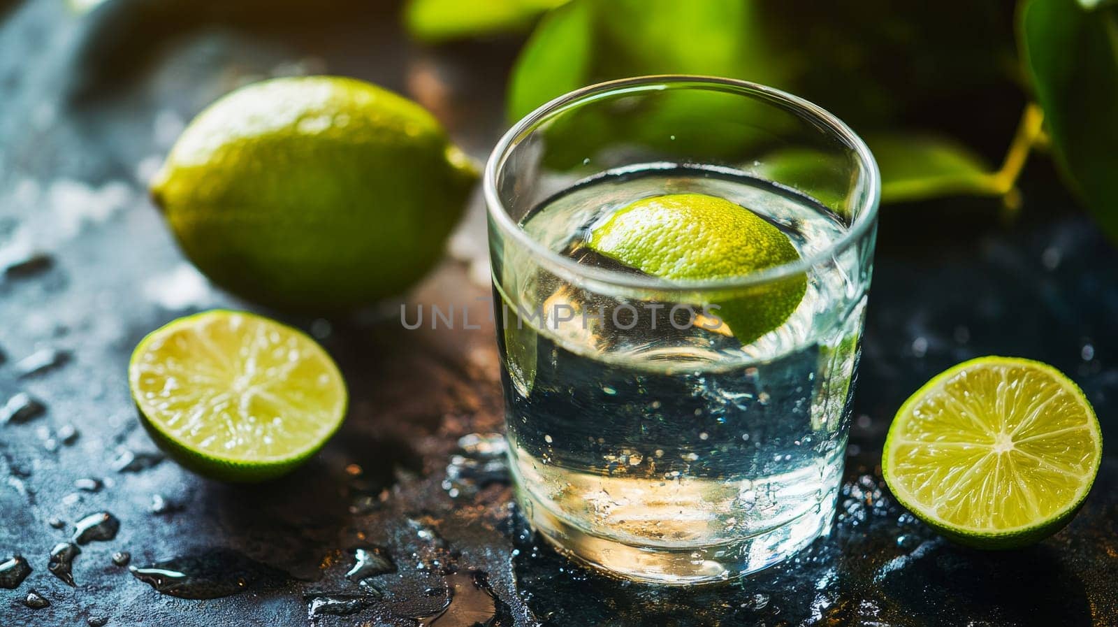 Glass of Colombian Aguardiente garnished with lime on a dark surface, showcasing a vibrant and refreshing drink.