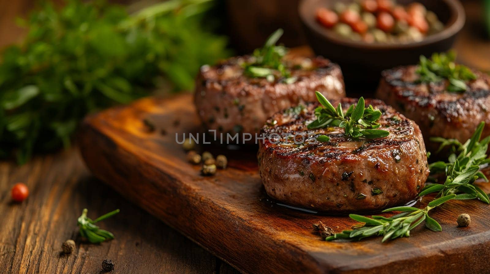 Juicy grilled steak medallions garnished with fresh herbs on a wooden board, showcasing culinary delight.