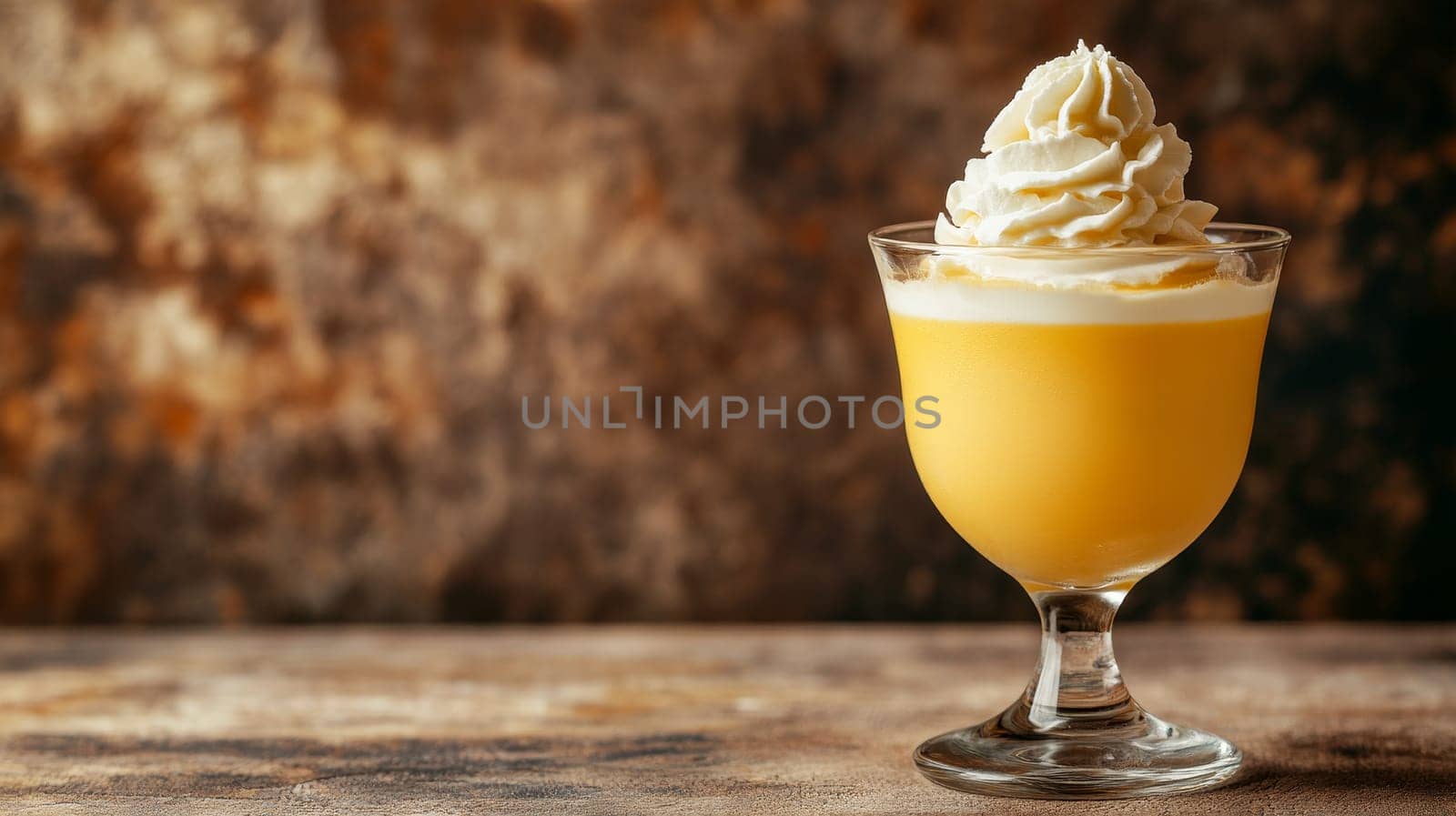 Glass of golden Advocaat cocktail topped with swirled whipped cream, served on a rustic wooden surface against a blurred background.