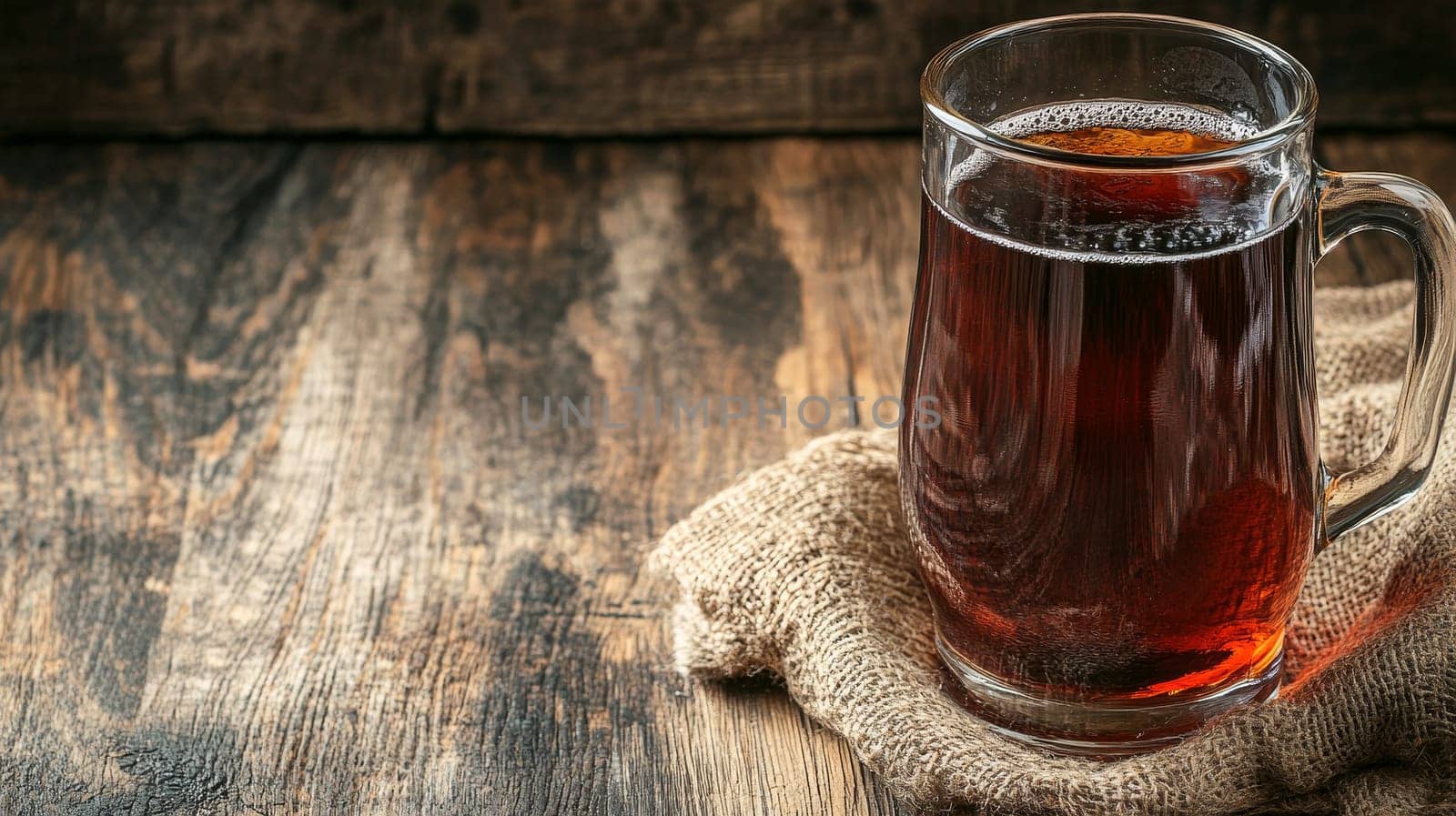 A glass mug filled with traditional kvass placed on a rustic wooden table, showcasing its rich amber color.