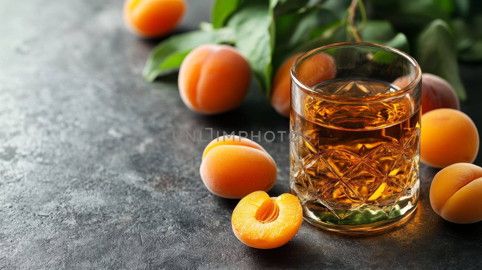A glass of aromatic Hungarian Palinka surrounded by fresh apricots, highlighting its rich fruit essence.