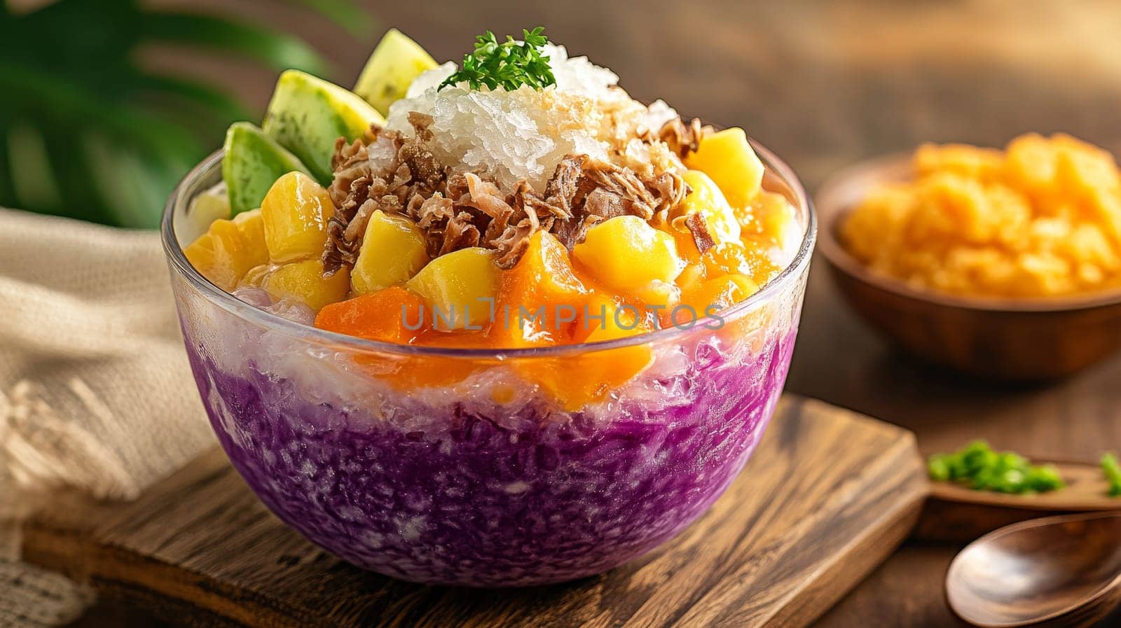 Vibrant Filipino halo-halo dessert in a glass bowl, layered with purple ube, yellow mango, and topped with shaved ice, coconut, and various tropical fruits.