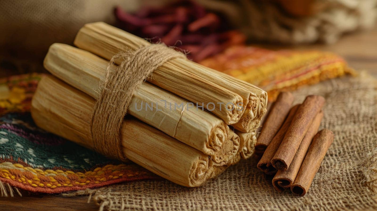Bundle of corn husk tamales tied with twine, accompanied by cinnamon sticks on a rustic burlap background, showcasing Mexican culinary tradition.