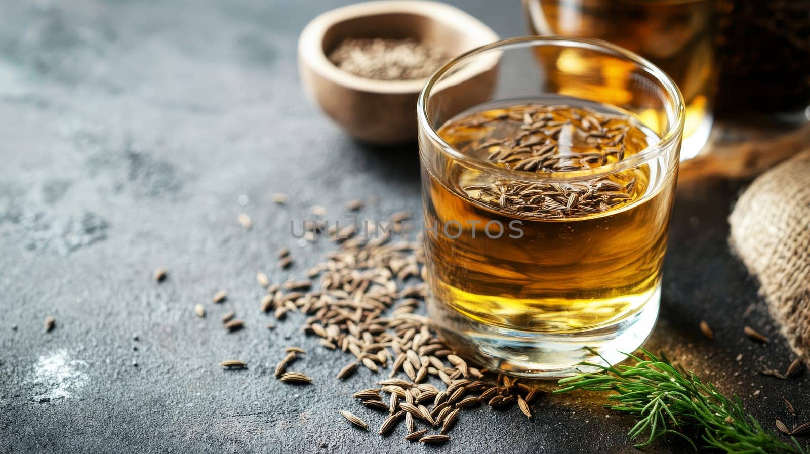 Glass of golden Danish akvavit with caraway seeds floating on top and scattered on dark surface, showcasing traditional Scandinavian spirit.