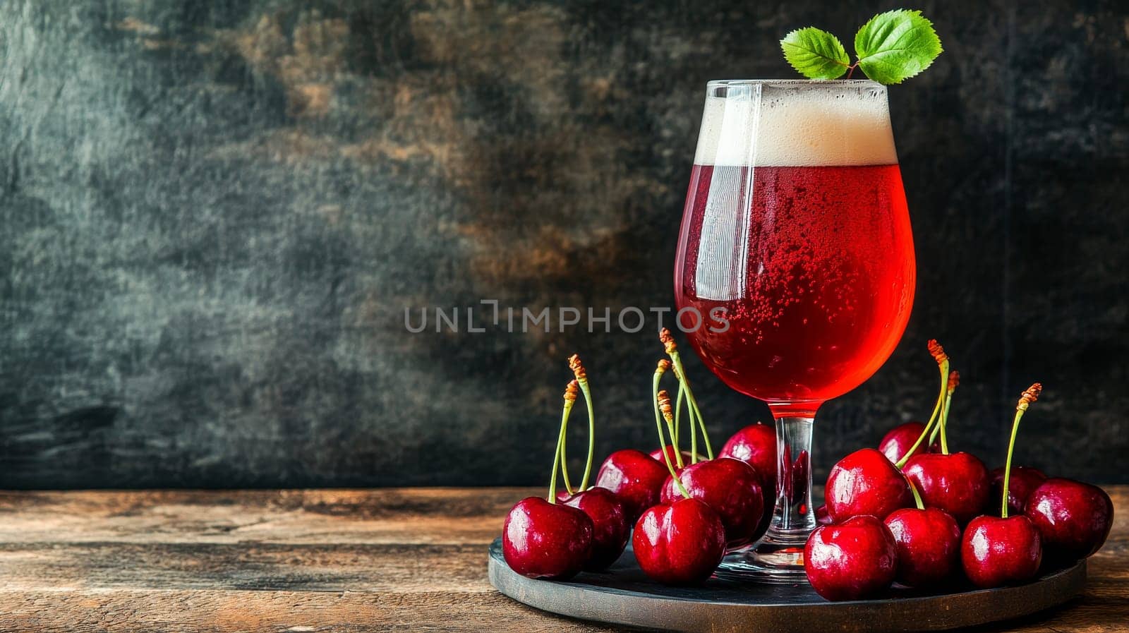 A glass of Belgian Kriek beer surrounded by fresh cherries, highlighting its fruity and vibrant character.