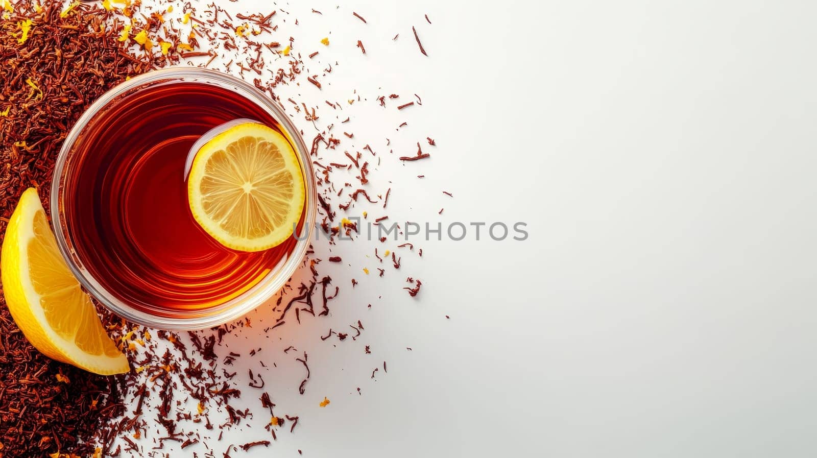 Refreshing rooibos tea with lemon slices on a white background, perfect for a soothing drink. Copy space.