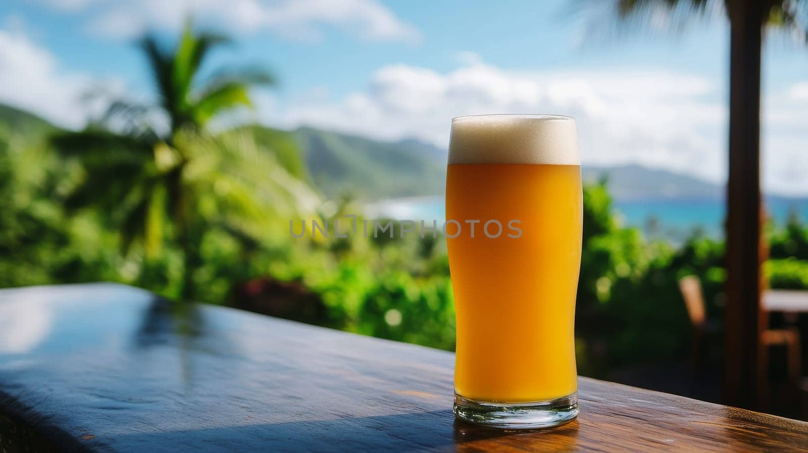 A refreshing glass of Samoan beer on a wooden table with a stunning ocean view, capturing island vibes.