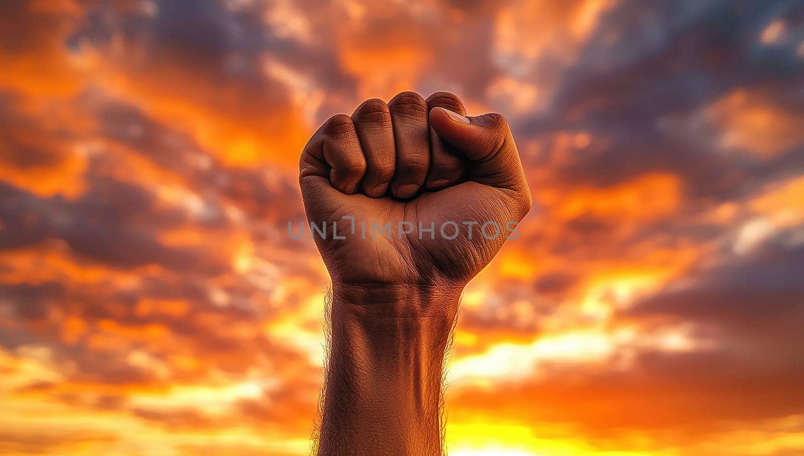Raised fist against a dramatic sunset sky. Concept of revolution, protest, power, freedom, and resistance.