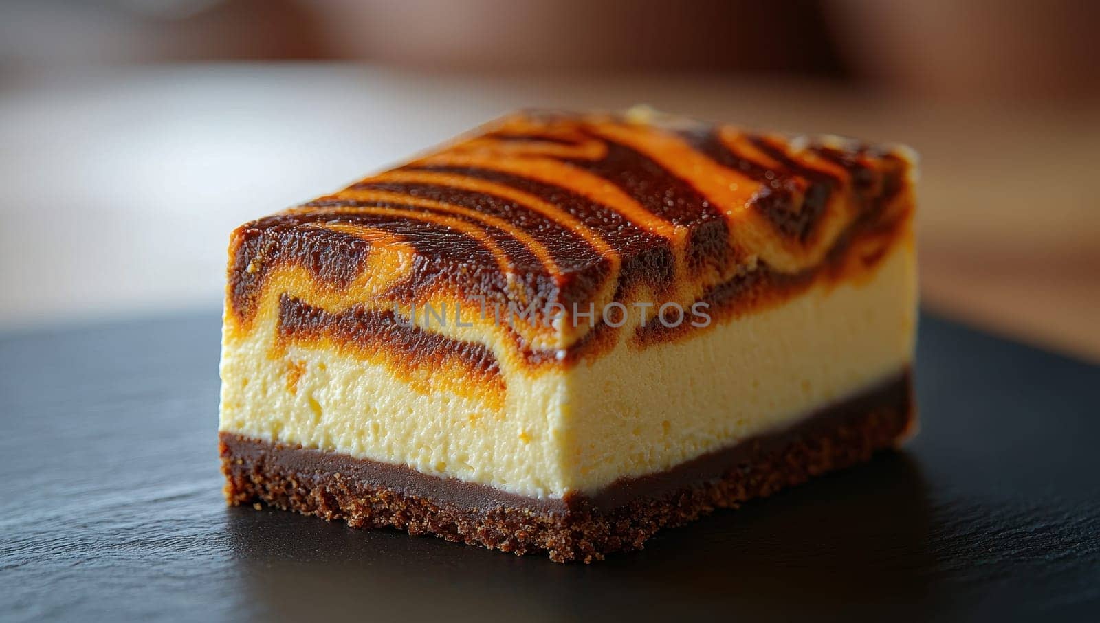 Slice of Marble Cheesecake on a Dark Plate