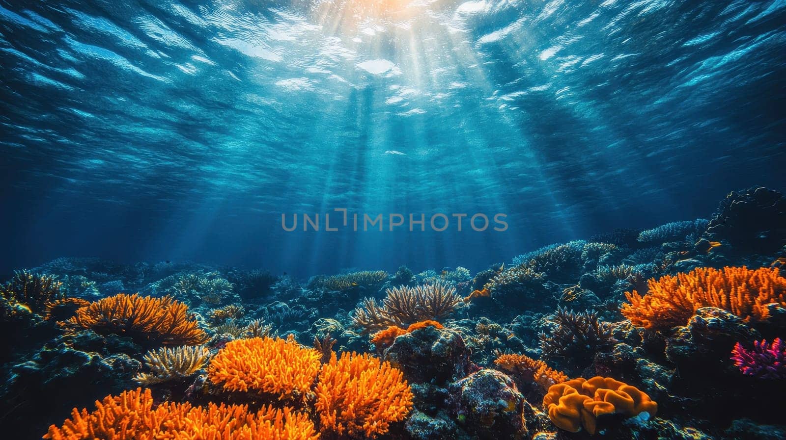 Sunlight shining on colorful coral reef in blue ocean. Underwater scene with sun rays.