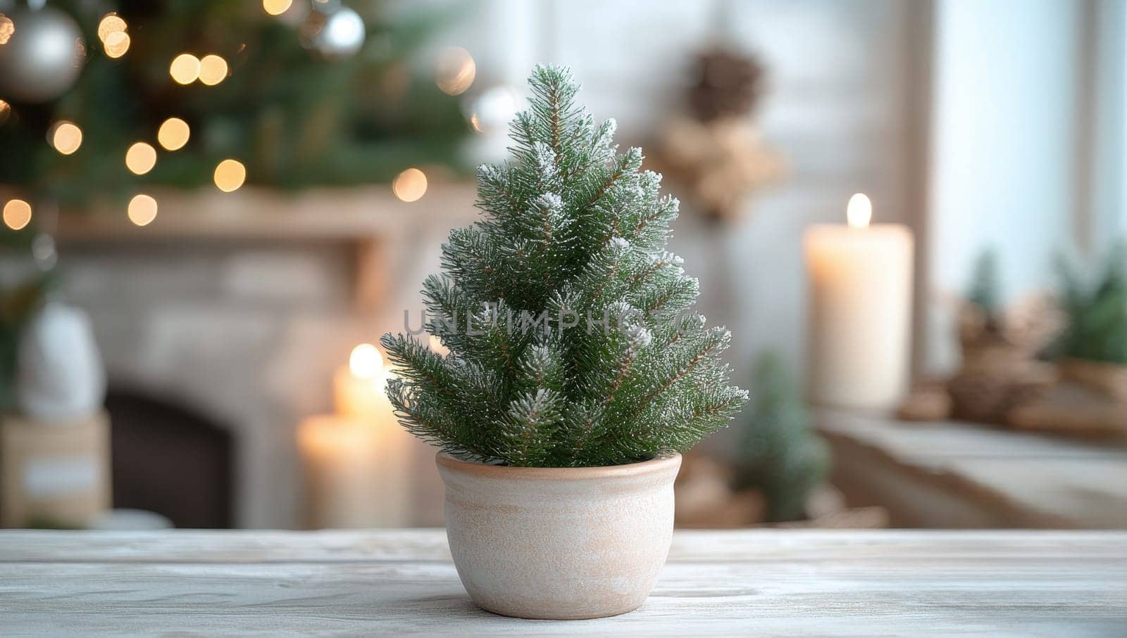 Small Christmas tree in pot on table with blurred background. Cozy winter holidays, festive atmosphere, home decor concept.