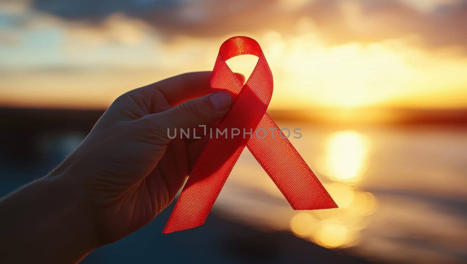 Hand holding red ribbon at sunset, symbol of AIDS and HIV awareness, support, and prevention.