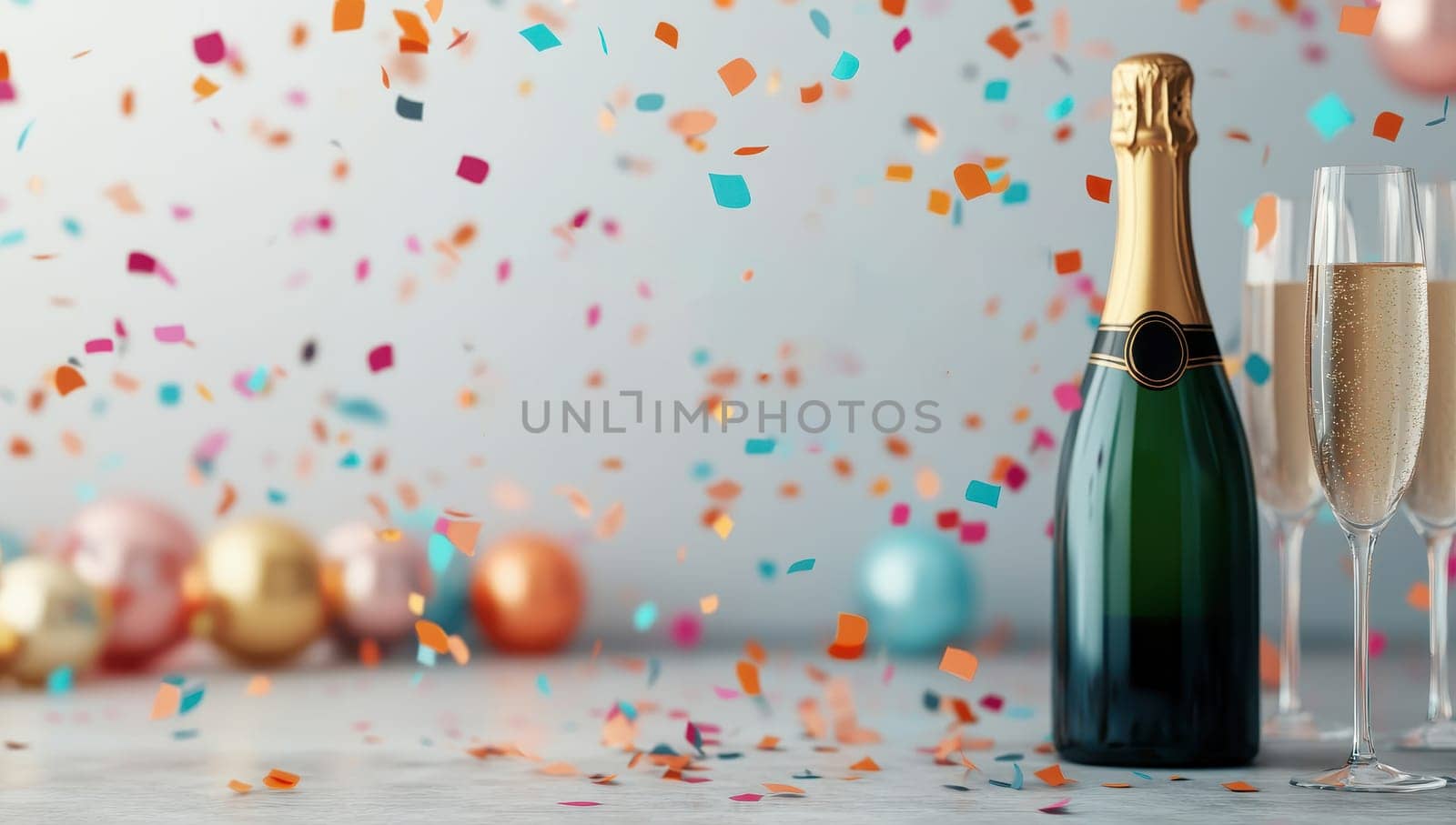 Champagne bottle and glasses with confetti. Concept of Celebration, New Year's Eve, Festive