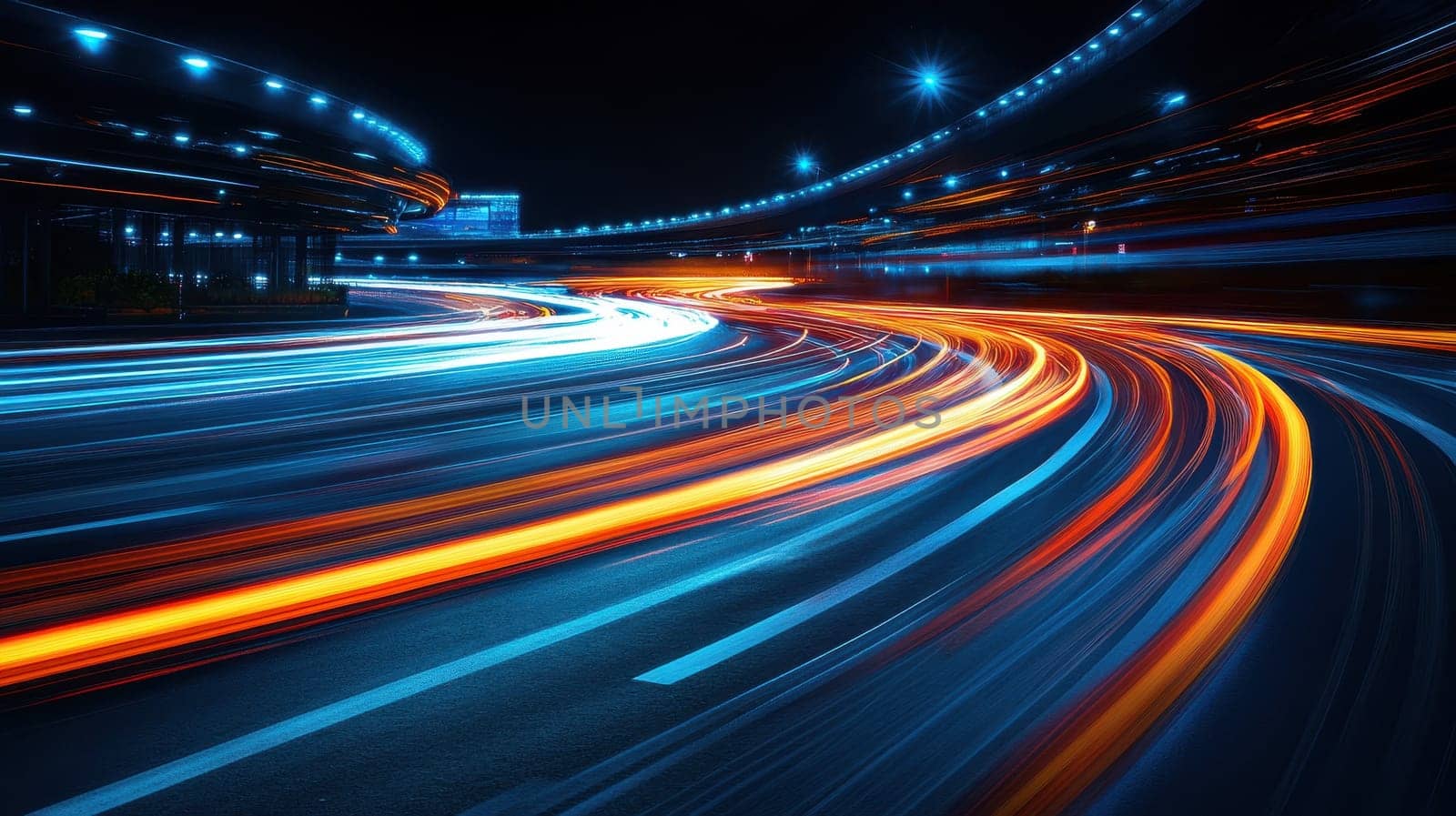 Light trails on highway at night. Concept of speed, technology, and transportation