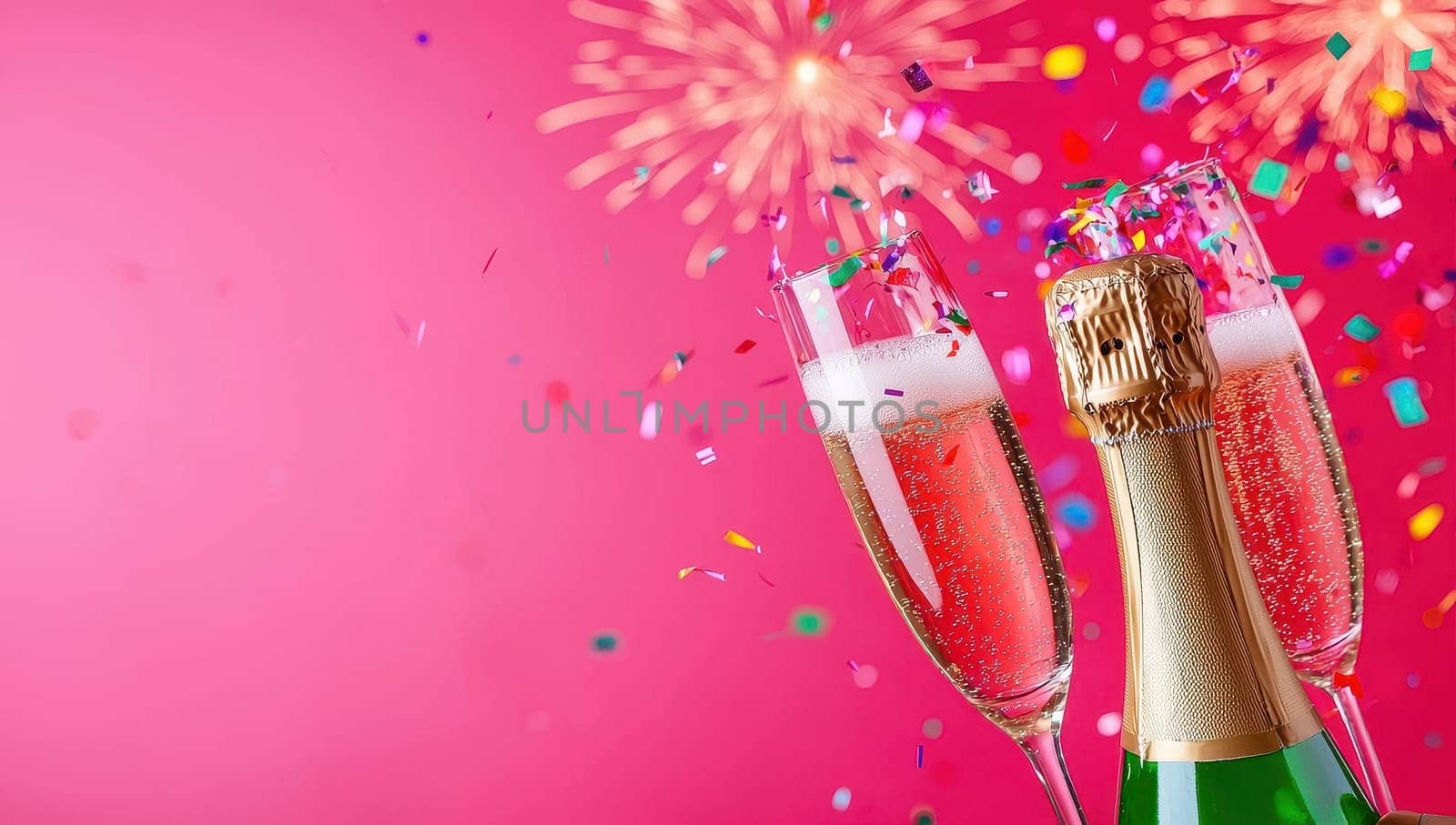 Pink champagne flutes and bottle with fireworks and confetti. Concept of New Year's Eve, celebration, party.