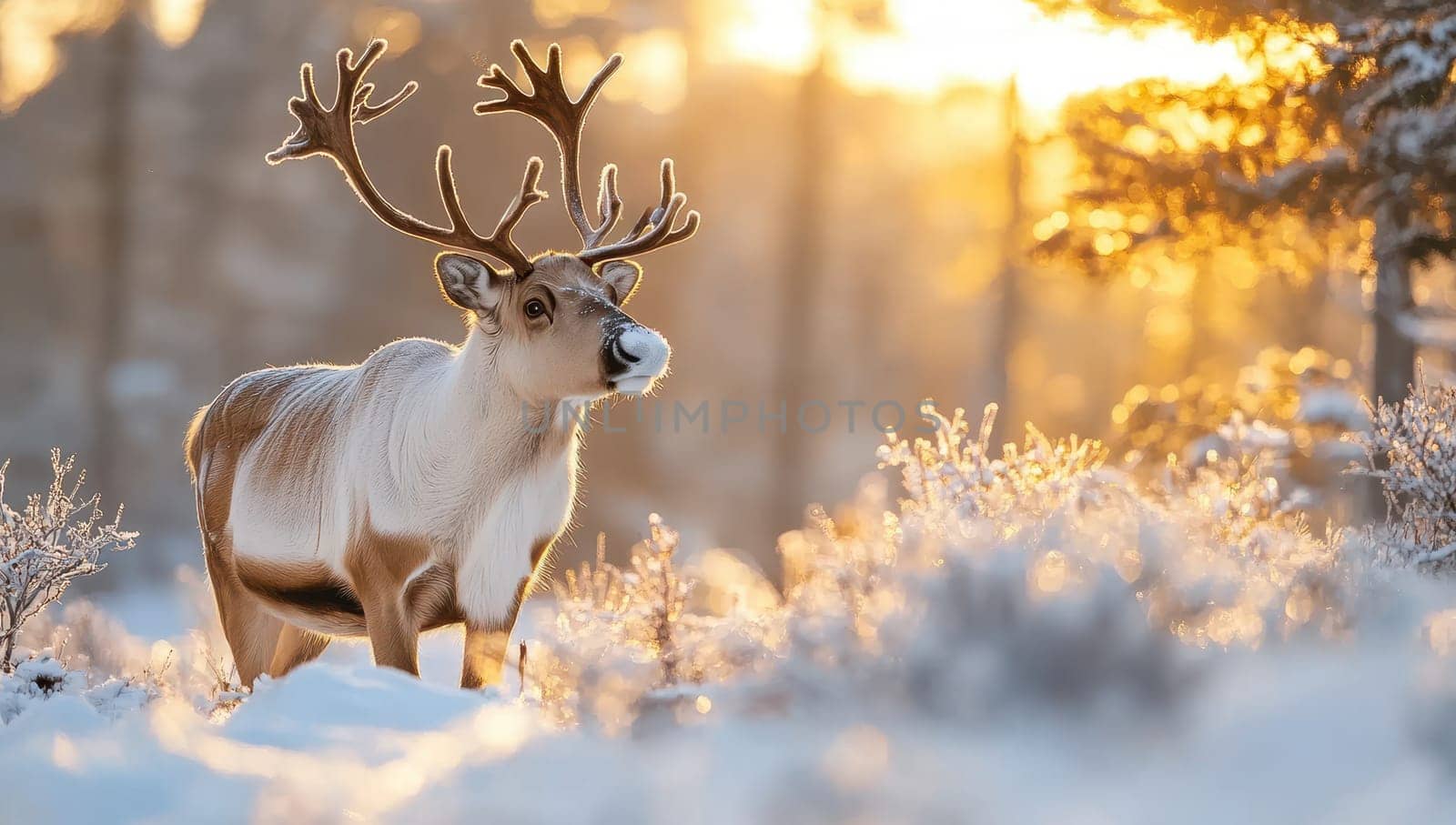 Reindeer in snowy winter forest at sunset. Wild animal in natural habitat.
