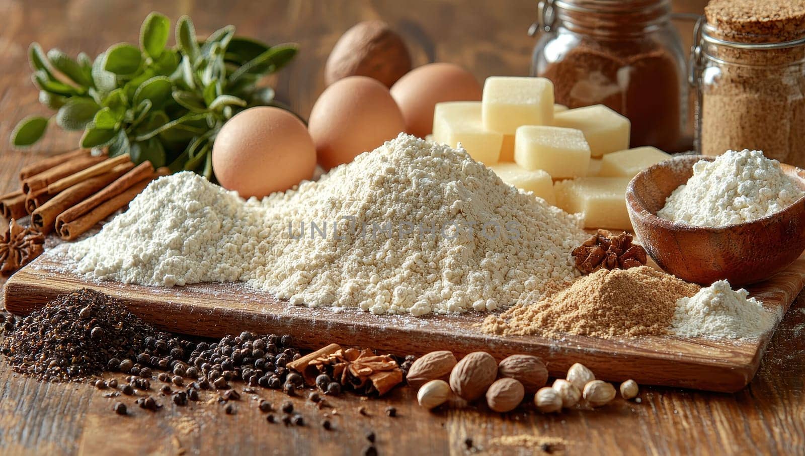 Baking ingredients, flour, eggs, butter, spices. Concept of bakery, cooking, pastry, recipe
