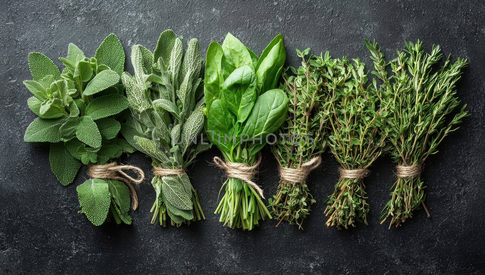 Freshly picked herbs bunches on dark background. Thyme, basil, sage, and oregano. Top view.