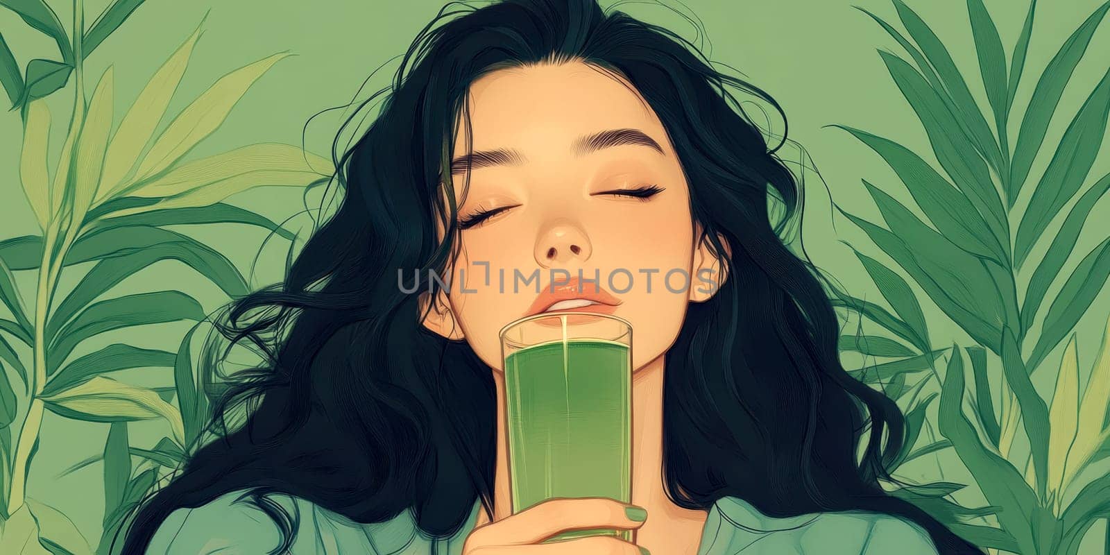 sitting smiling young woman drinking matcha tee. AI generative.