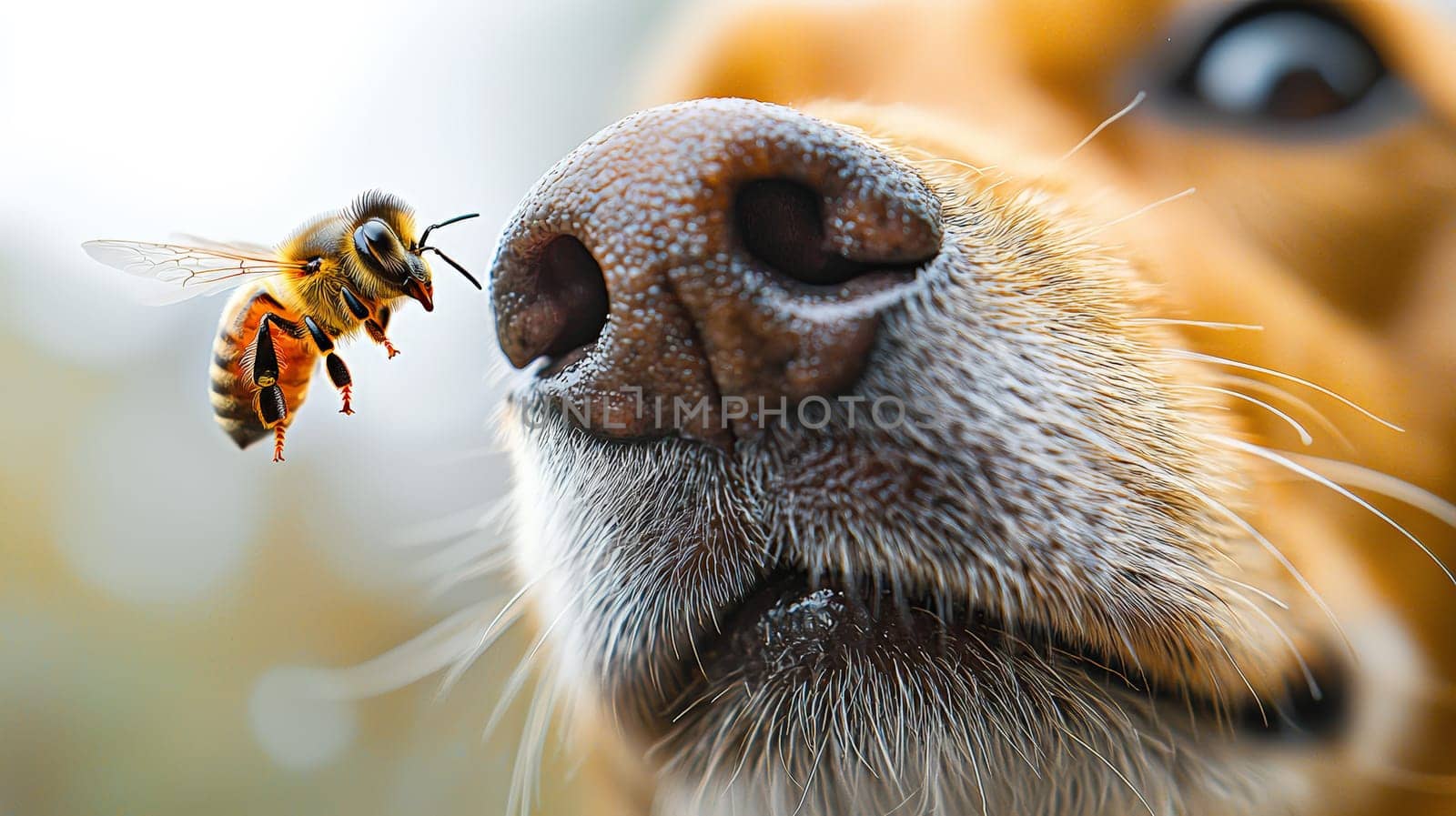A hyper-detailed close-up of a dog's nose with a large bee sting on the side, capturing the moist, textured surface of the nose and fur. A bee hovers nearby, adding context to the sting. Shot with a fisheye lens for a dramatic effect, the background is blurred, creating focus on the nose and the sting. The white background enhances the contrast and highlights the realism of the image.