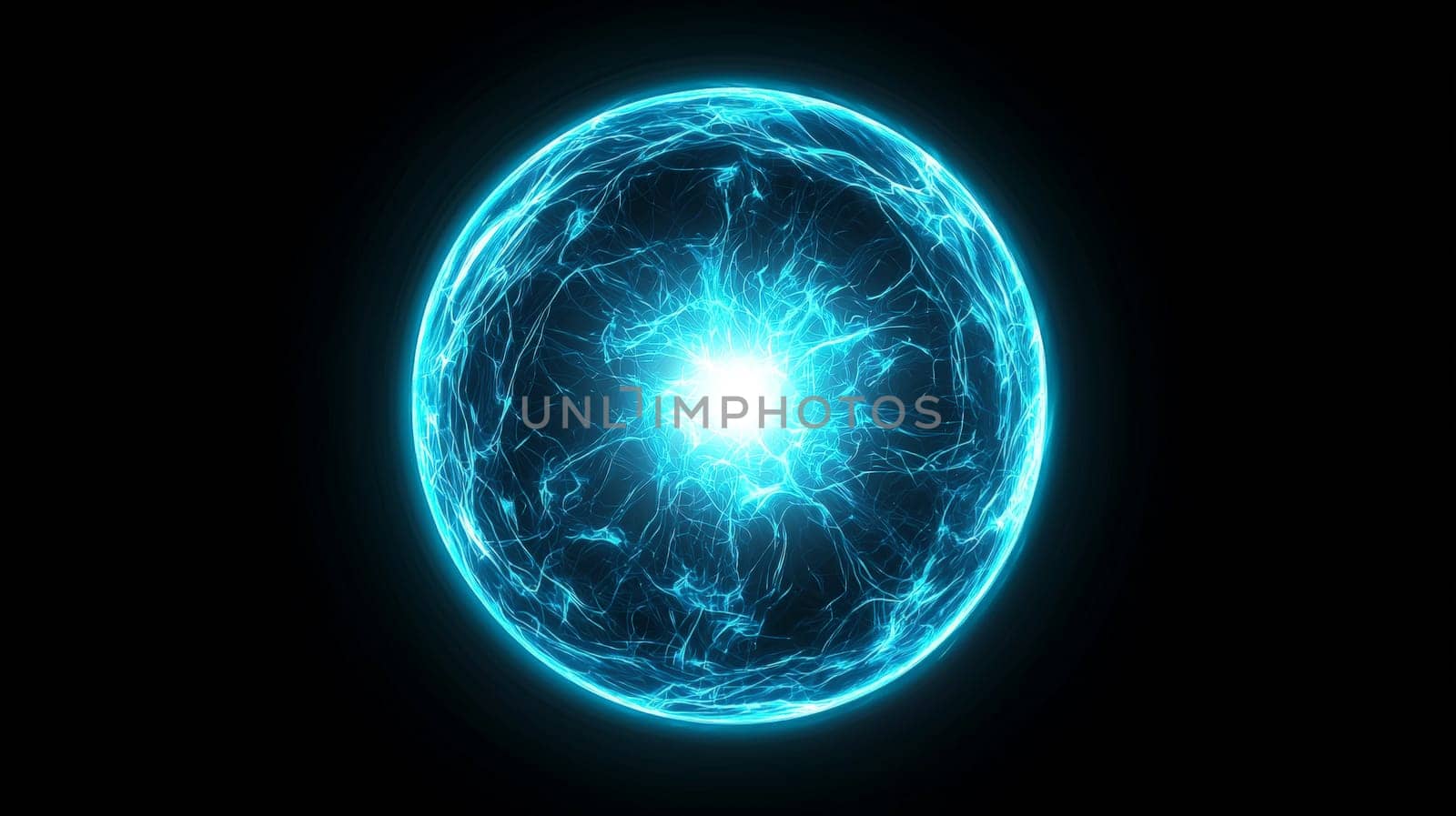 A striking image of a large neon blue orb radiating powerful plasma energy. The orb has a brilliant, glowing center surrounded by intense electric blue energy, creating a captivating and vibrant visual effect. Centered against a dark backdrop, this futuristic design evokes a sense of raw, cosmic power and limitless energy.