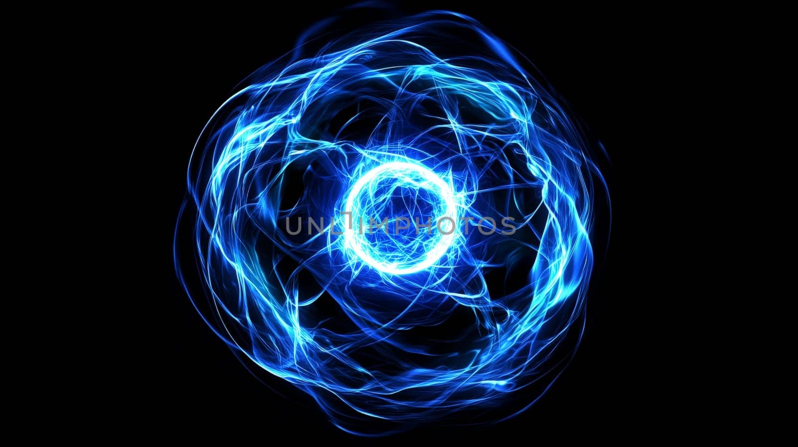 A striking image of a large neon blue orb radiating powerful plasma energy. The orb has a brilliant, glowing center surrounded by intense electric blue energy, creating a captivating and vibrant visual effect. Centered against a dark backdrop, this futuristic design evokes a sense of raw, cosmic power and limitless energy.