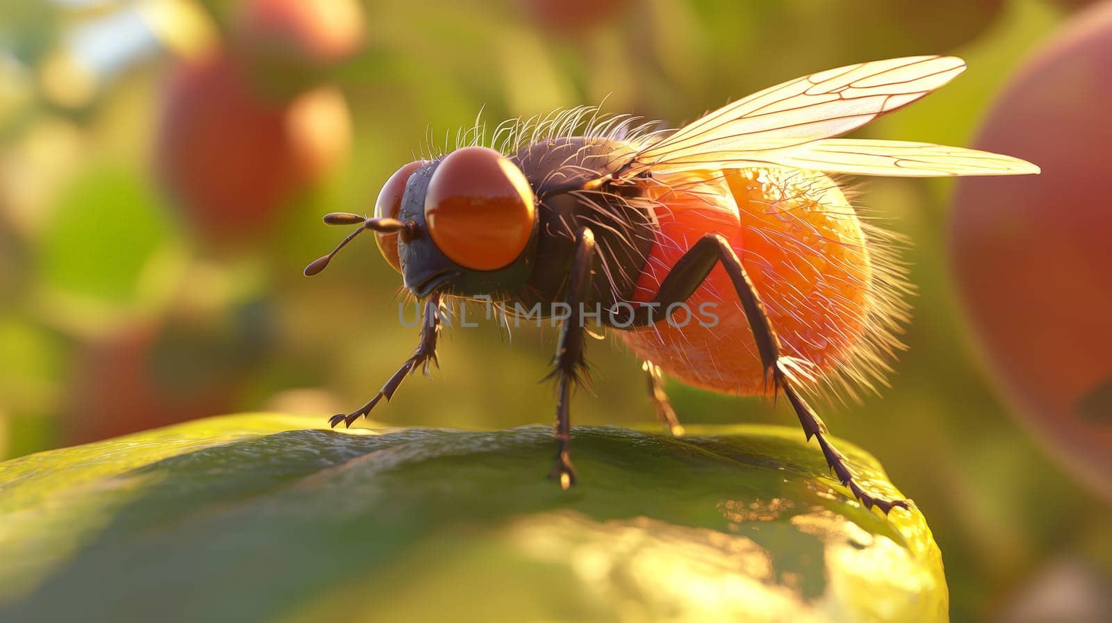 A playful and detailed 3D cartoon depiction of a fruit fly. The fly's exaggerated features, such as its large eyes and delicate wings, bring a whimsical and vibrant character to life. The vibrant colors and smooth textures make it stand out in a fun, animated style, perfect for children's illustrations or educational content.
