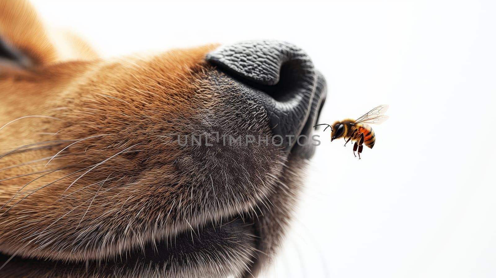 A hyper-detailed close-up of a dog's nose with a large bee sting on the side, capturing the moist, textured surface of the nose and fur. A bee hovers nearby, adding context to the sting. Shot with a fisheye lens for a dramatic effect, the background is blurred, creating focus on the nose and the sting. The white background enhances the contrast and highlights the realism of the image.