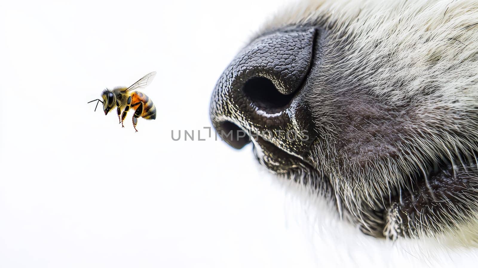 A hyper-detailed close-up of a dog's nose with a large bee sting on the side, capturing the moist, textured surface of the nose and fur. A bee hovers nearby, adding context to the sting. Shot with a fisheye lens for a dramatic effect, the background is blurred, creating focus on the nose and the sting. The white background enhances the contrast and highlights the realism of the image.