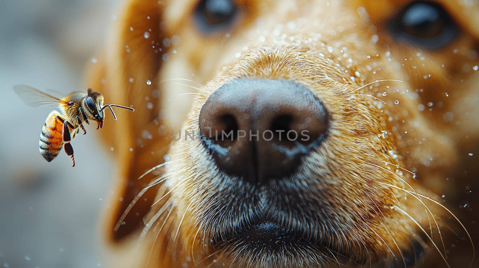 A hyper-detailed close-up of a dog's nose with a large bee sting on the side, capturing the moist, textured surface of the nose and fur. A bee hovers nearby, adding context to the sting. Shot with a fisheye lens for a dramatic effect, the background is blurred, creating focus on the nose and the sting. The white background enhances the contrast and highlights the realism of the image.