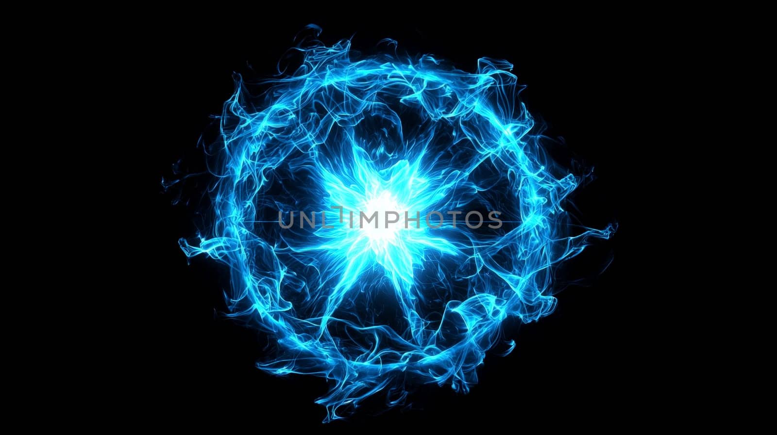 A striking image of a large neon blue orb radiating powerful plasma energy. The orb has a brilliant, glowing center surrounded by intense electric blue energy, creating a captivating and vibrant visual effect. Centered against a dark backdrop, this futuristic design evokes a sense of raw, cosmic power and limitless energy.