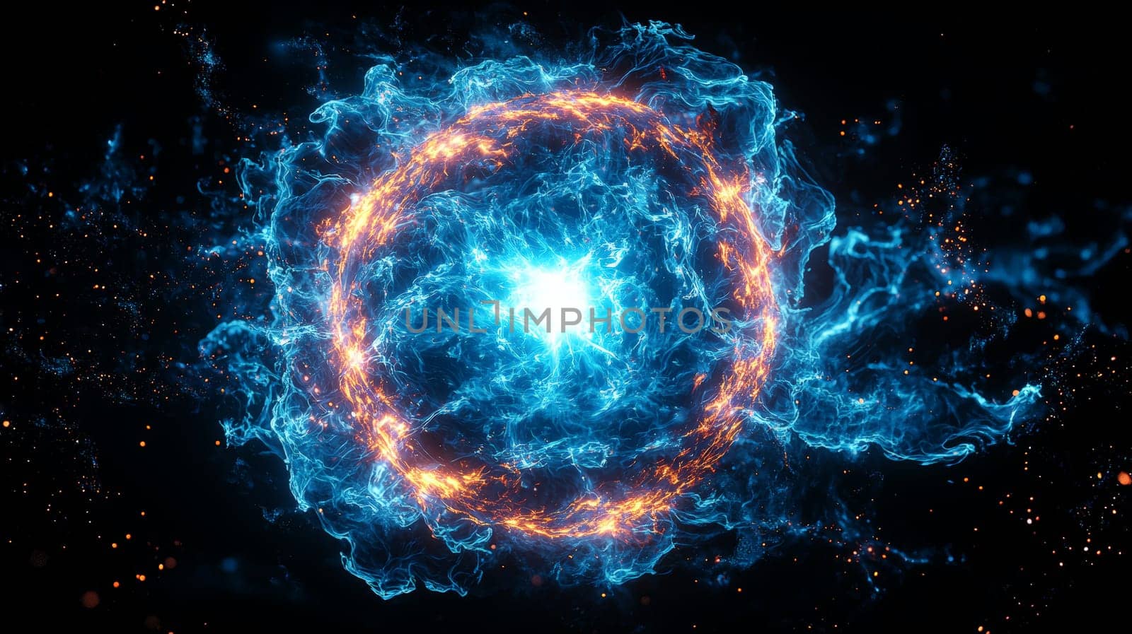 A striking image of a large neon blue orb radiating powerful plasma energy. The orb has a brilliant, glowing center surrounded by intense electric blue energy, creating a captivating and vibrant visual effect. Centered against a dark backdrop, this futuristic design evokes a sense of raw, cosmic power and limitless energy.