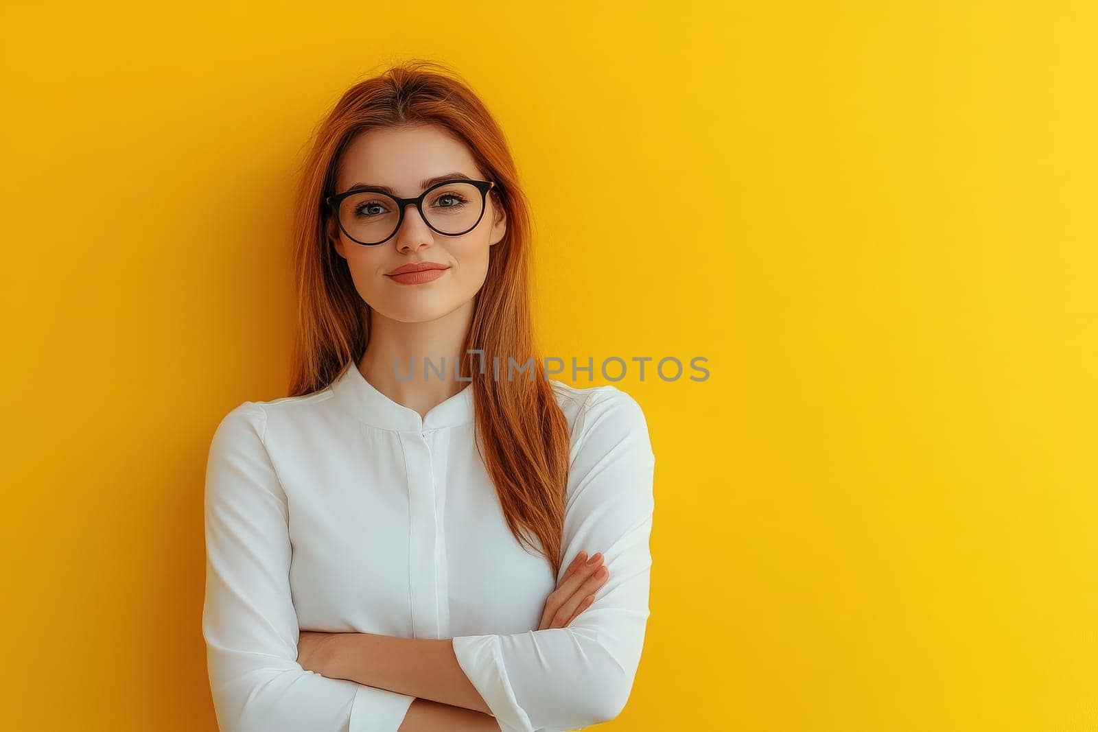 A consultant stands with arms crossed, exuding confidence in a bright yellow environment. She wears glasses and a white blouse, embodying a clean, minimalist style suitable for a professional setting.