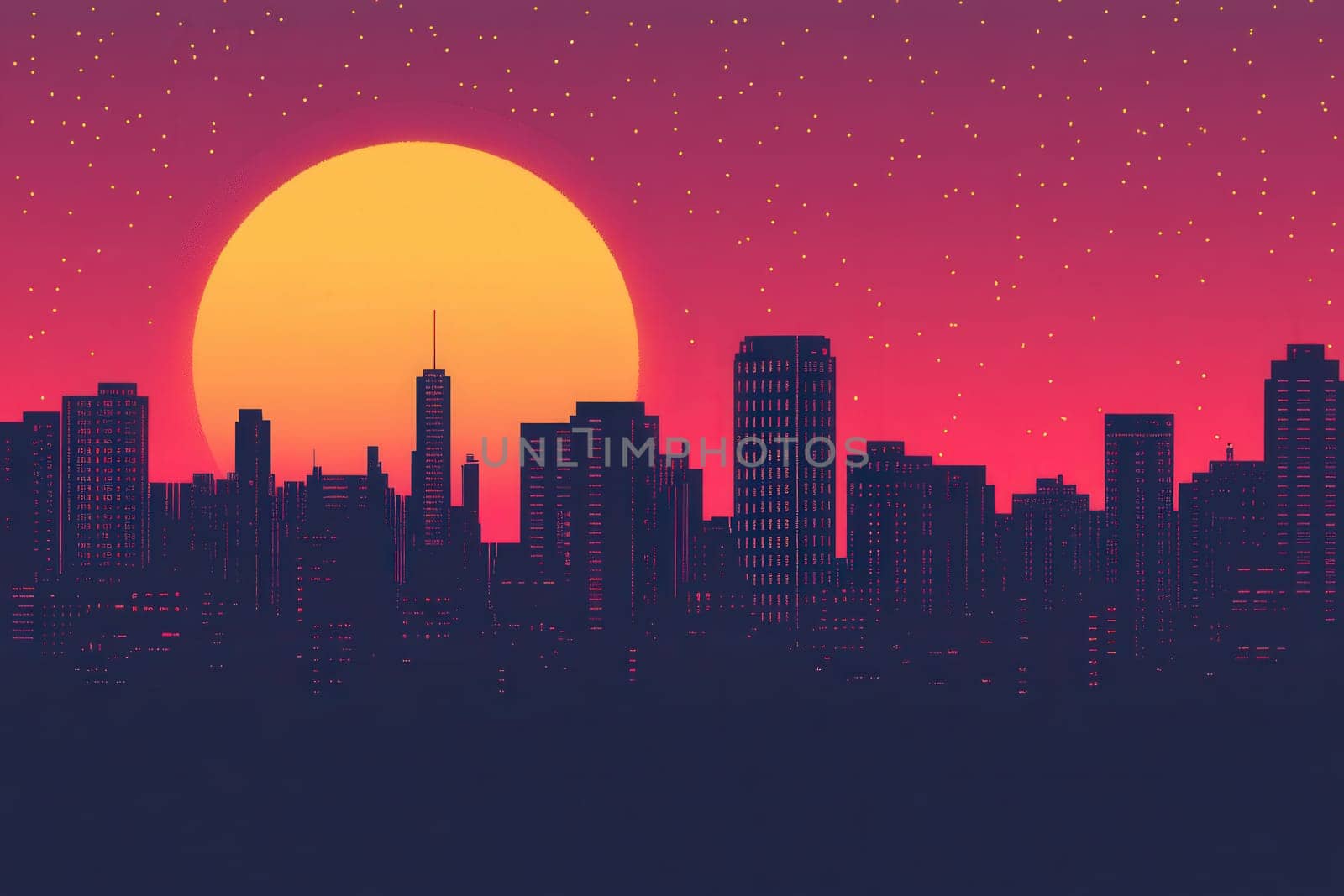 The city skyline features towering skyscrapers shrouded in a neon glow, with a brilliant sun setting on the horizon, casting a futuristic ambiance in a cyberpunk style.