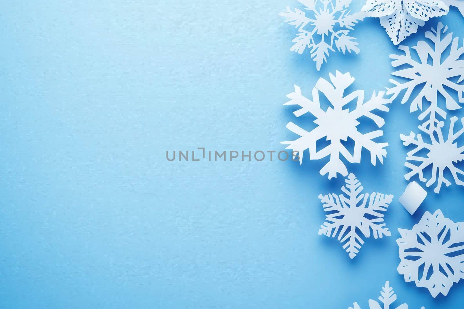 Delicate white snowflakes are artistically placed on a clean, solid blue surface, capturing the essence of winter. This arrangement creates a festive and cheerful atmosphere.