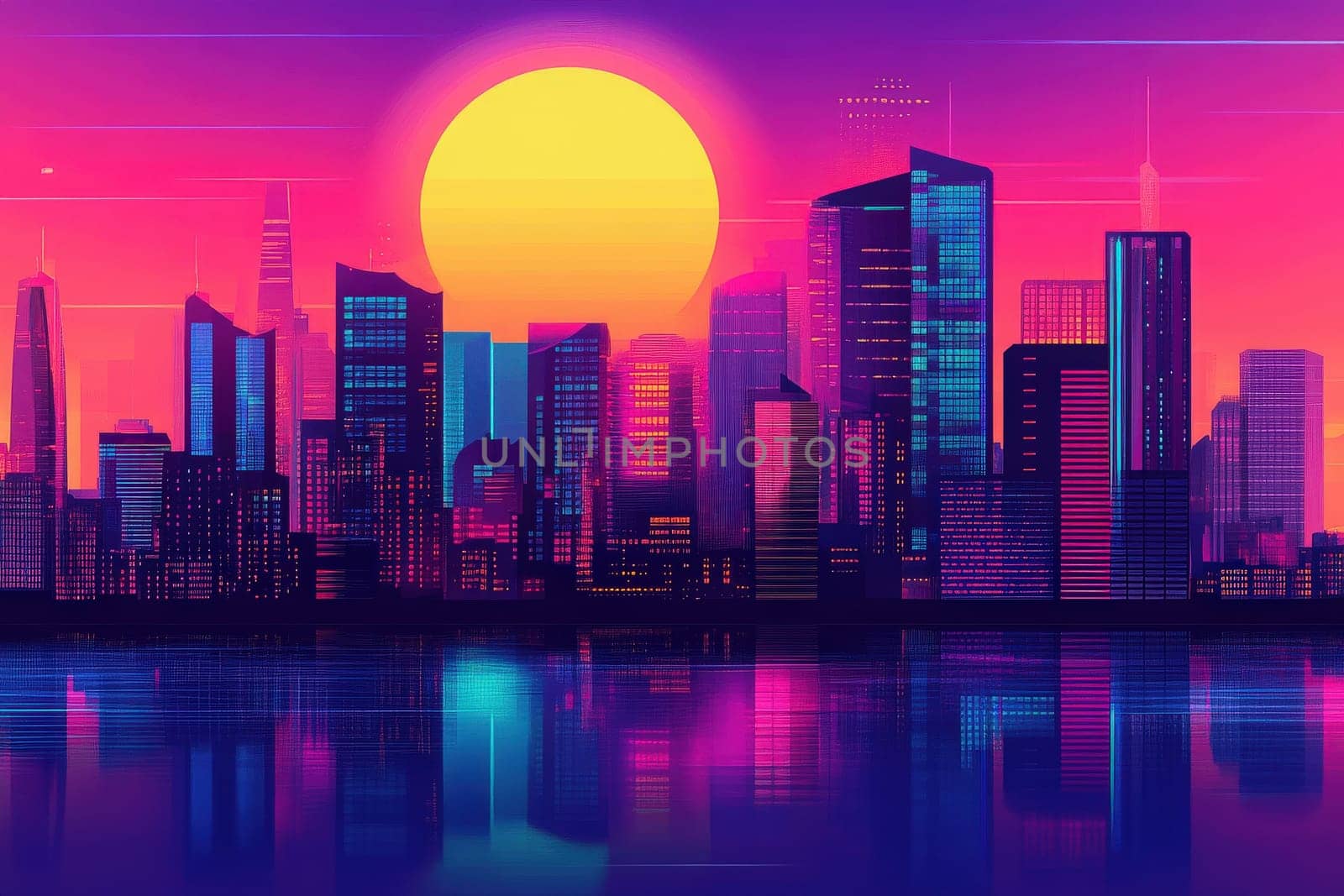 A dynamic cyberpunk cityscape showcases towering skyscrapers illuminated by vivid neon lights, with a massive sun setting on the horizon. This captivating view embodies a futuristic urban environment.