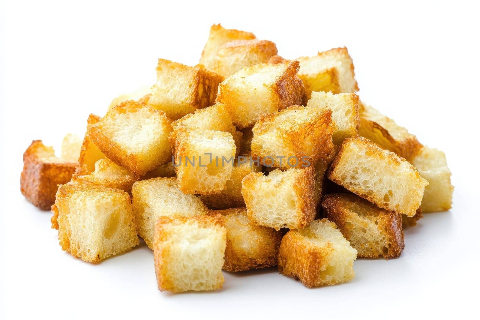 A generous pile of golden, crispy croutons sits isolated against a clean white backdrop, showcasing their airy texture and perfect size for enhancing soups and salads.